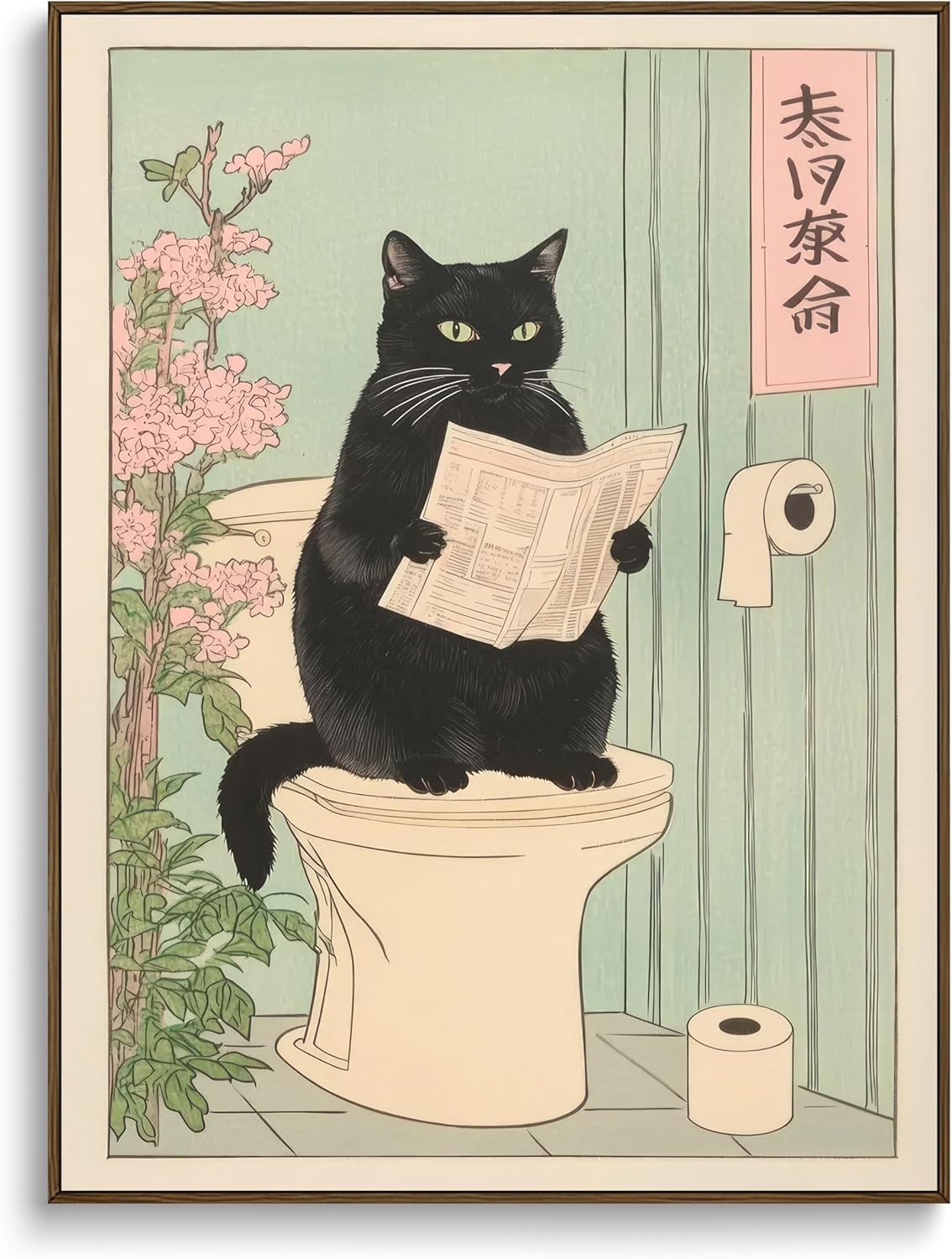 Paivovi Framed Japanese black cat on toilet Canvas Wall Art Funny bathroom print Toilet poster Japanese Cat Wall Decor Pictures Aesthetic Minimalism Artwork Neutral Painting Home Decoration,12x16in
