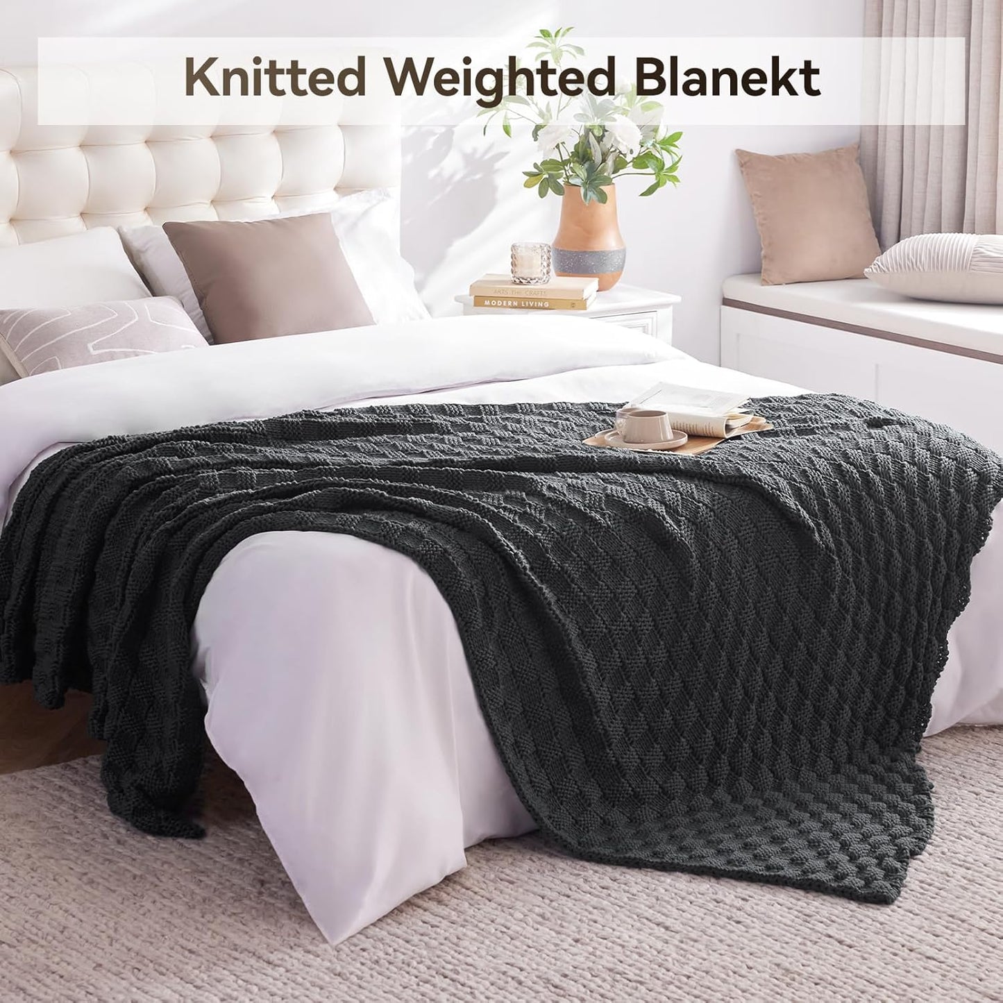 Knitted Weighted Blanket for Adult, No Beads Heavy Blanket 48” x 72'' 15lbs, Breathable Chunky Knit Blanket, Cooling Weighted Blanket for Hot Sleepers, Christmas Home Decor (Dark Grey)