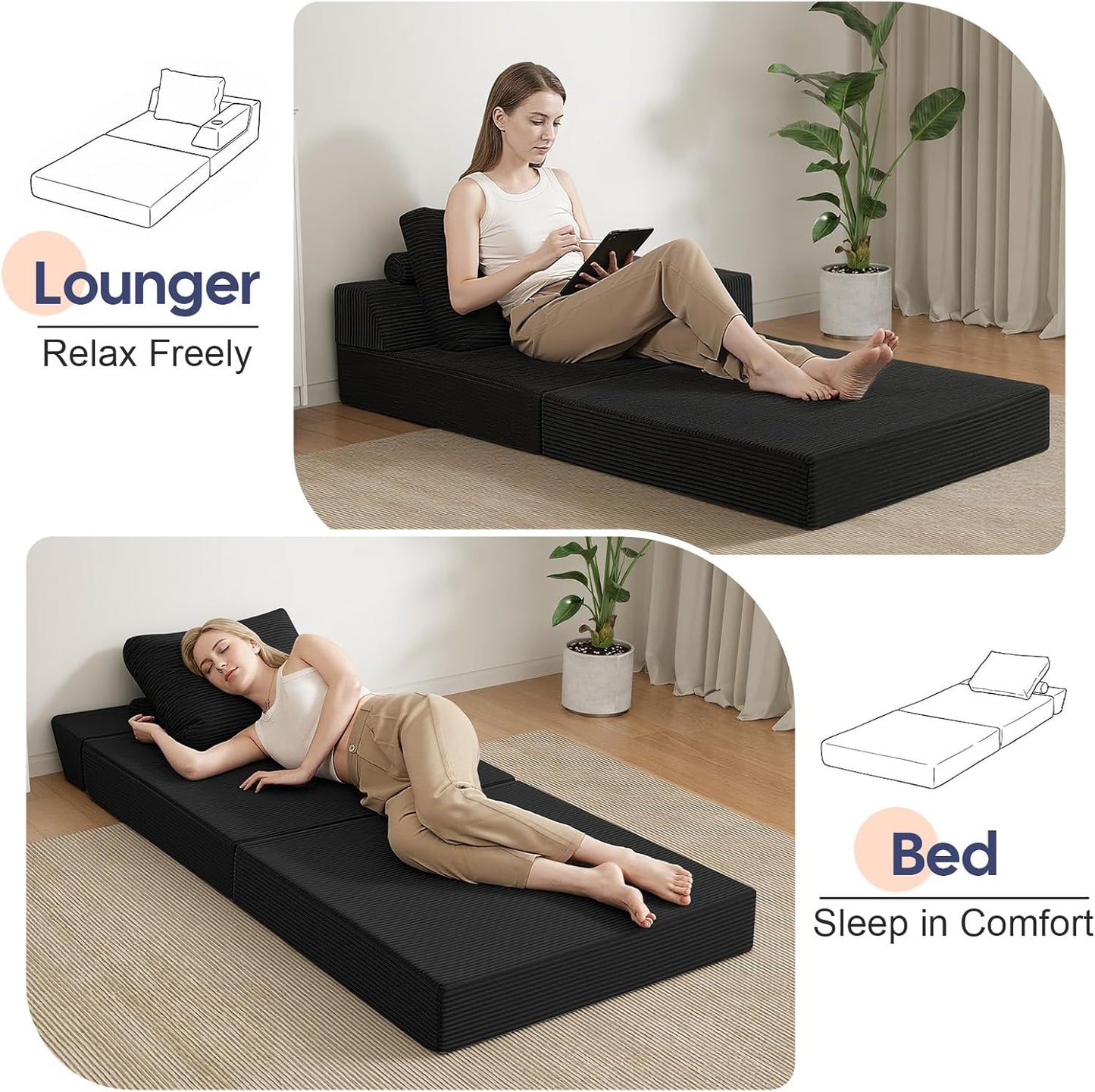 COMAX Folding Sofa Bed, Foldable Couch for Bedroom, Corduroy Convertible Floor Sleeper Futon Chair Foam, 3 in 1 Fold Out Chair Portable Comfy Lounge Couch Single Sofa Bed for Small Space Guest Room
