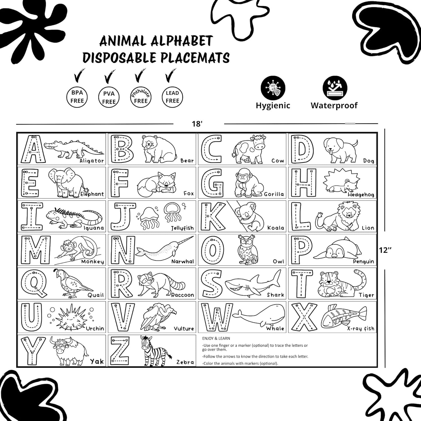 Disposable Adhesive Placemats for Baby, Kids, Toddler, 40pcs, Waterproof high-Contrast Educational Design, Ideal for Led weaning Essential, Travel, Art, Food Grade Plastic 12''x18''