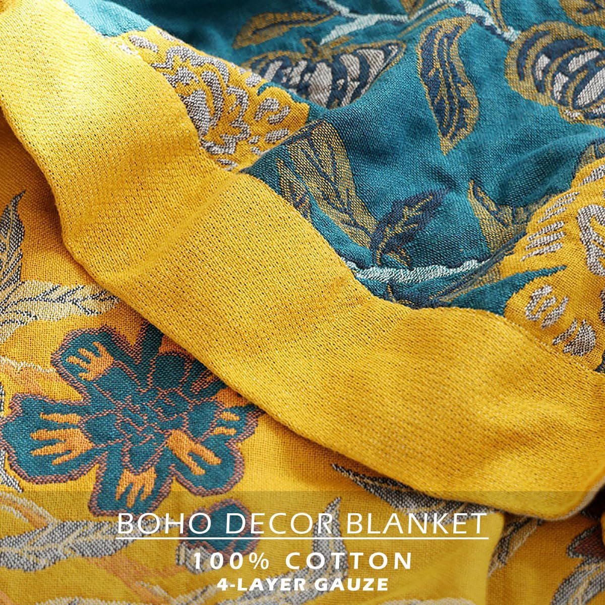 Muslin Blanket 80 x 90 in 4-Layer Gauze Cotton Blanket for Adults, Soft Breathable Summer Cooling Blanket, Boho Floral Lightweight Bed Blanket for Couch Sofa (Flowr Branch Teal, 80 x 90 in)