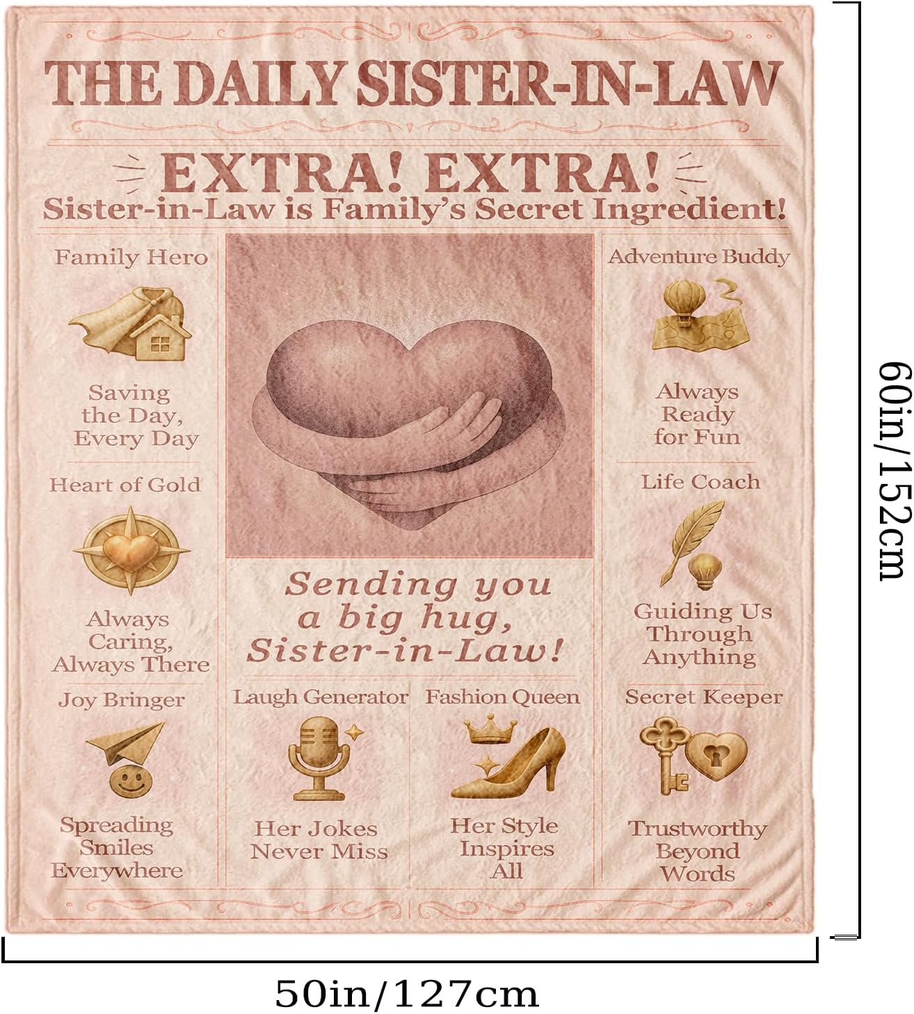Sister-in-Law Gifts Blanket, 60"x50" Cozy Flannel Throw with Sentimental Message, Vintage Newspaper Headline Design, Unique Birthday Christmas Wedding Anniversary Present for Women