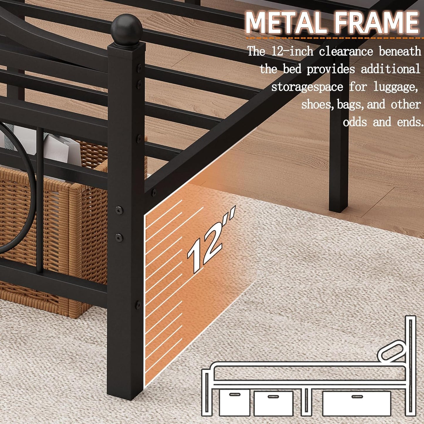 Twin Bed Frame with Headboard,Heavy Duty Steel Slats Support Mattress Foundation-Under Bed Storage, No Box Spring Needed, Noise Free