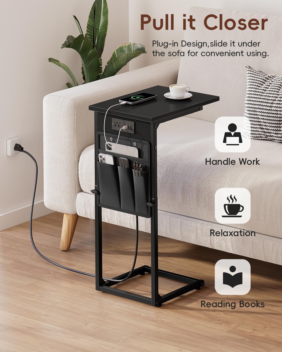 Vagusicc C Shaped End Table with Charging Station, Adjustable Height Side Table for Sofa, Couch Side Table for Small Spaces, Slide Under Sofa TV Tray Snack Arm Tables for Living Room, Bedroom, Black