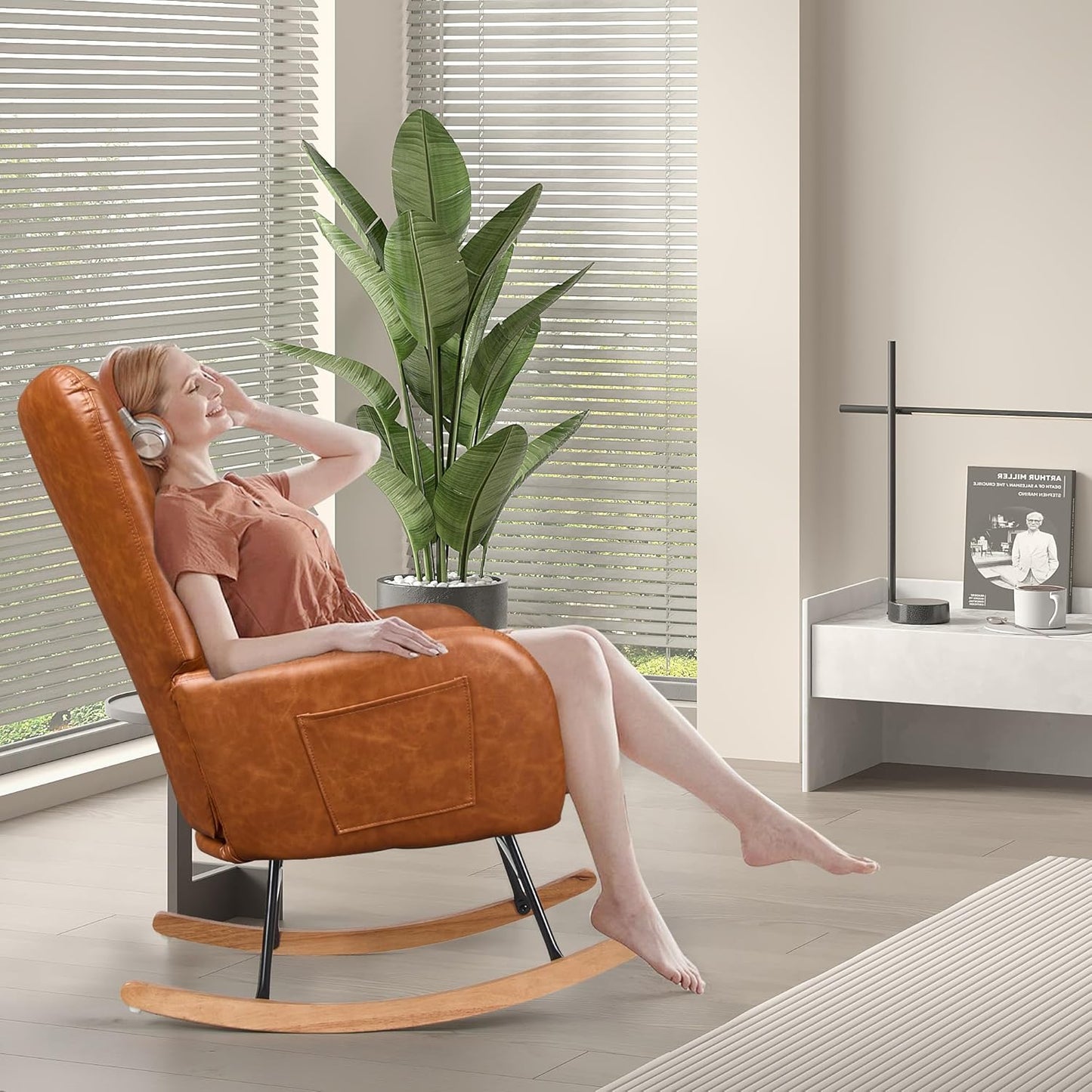 Nursery Rocking Glider Chair — PU Upholstered, Thick Headrest, High Backrest, Side Pocket, Brown