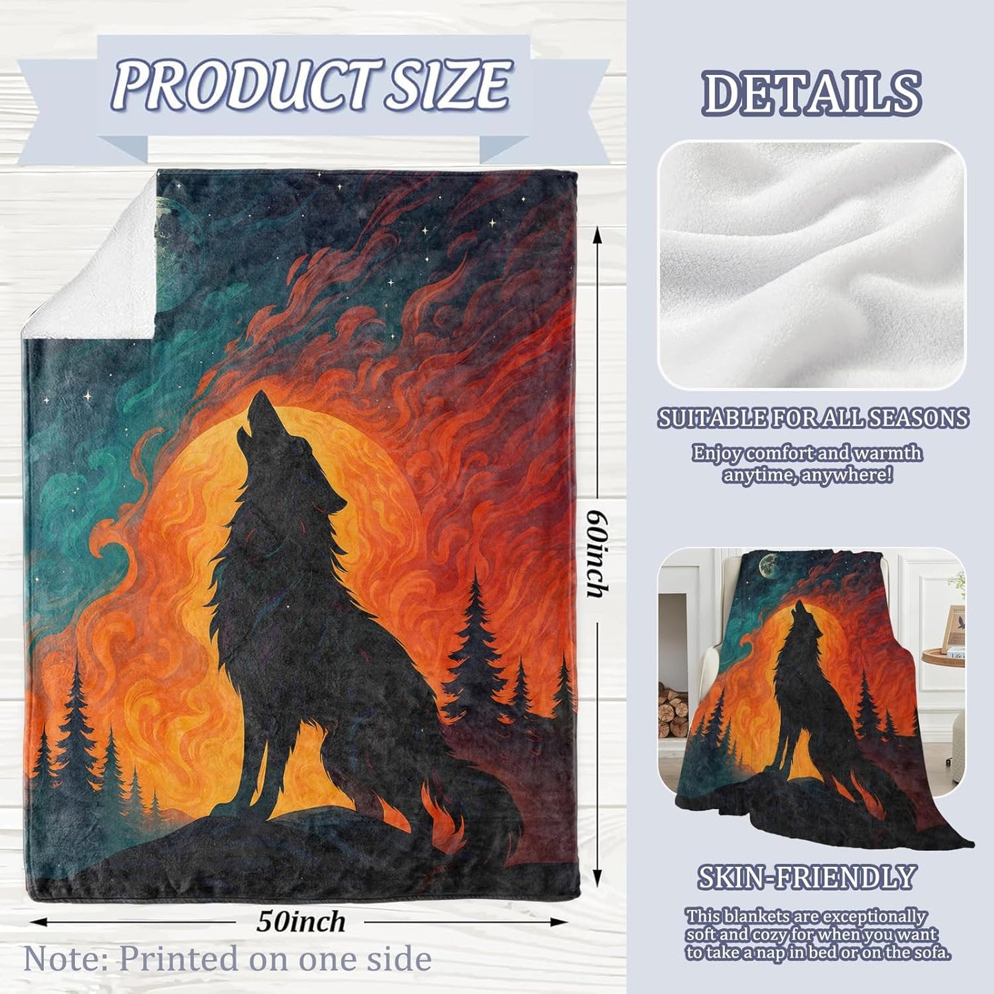 Mystical Wolf Moonlit Howl Blanket, 60 x 50 Inch Flannel Moon and Wolves Throw Blanket, Gifts for Women Boys Girls Adults Kids, Lightweight Cozy Warm Blankets for Sofa Travel Home Decor