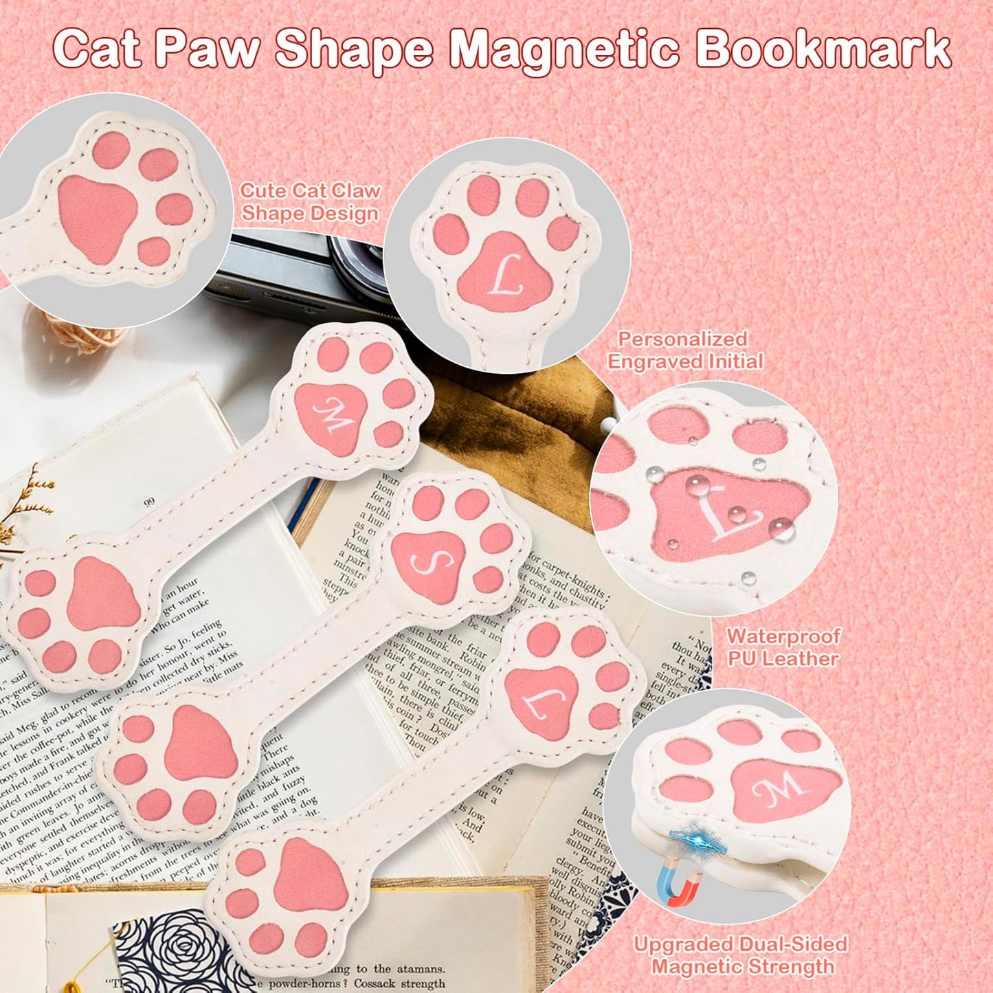 Personalized Magnetic Leather Bookmark - Cat Paw Shape Bookmarks for Men Wemen, Magnet Book Marks Reading Lovers, Cute Cool Unique Embosser Custom Book Markers for Mens Funny Best Gifts (L)