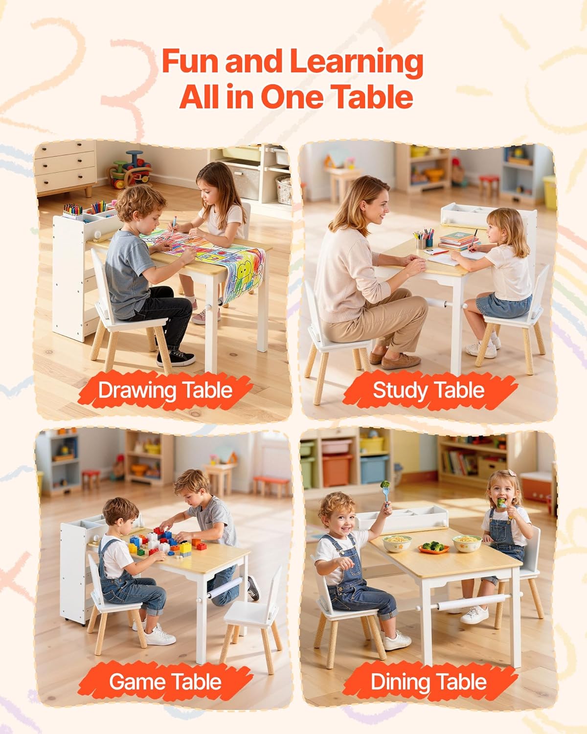 VEVOR Kids Art Table and Chair Set, Toddler Craft Table with 3 Tiers Storage Cabinet, Wooden Kids Activity Play Desk with 2 Chairs, Art Craft Play Desk for Reading, Learning, Drawing, Writing, White