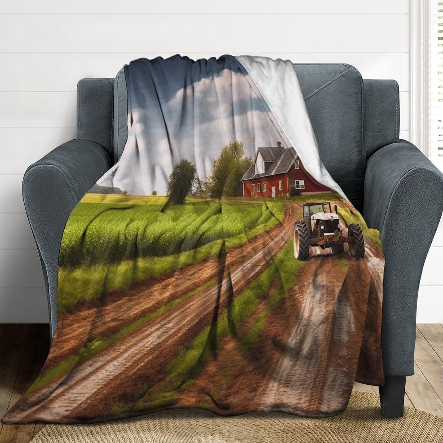 Country Road with Farm And Tractor Throw Blanket for Couch Super Soft Warm Lightweight Throw Blankets Cozy Flannel Bed Blanket Cute Decorative Blankets for All Seasons Home Decor Gift 40"*50" （100*130
