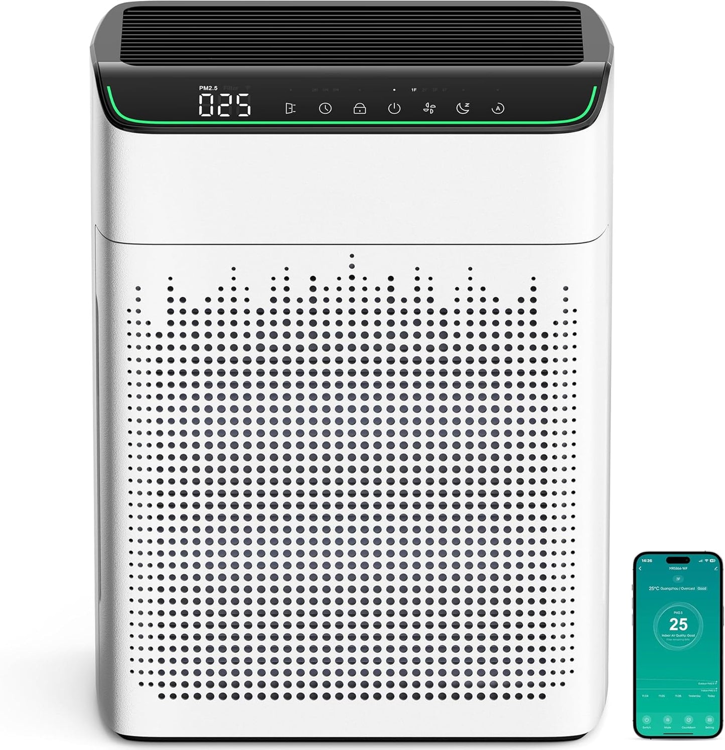 Air Purifiers for Home Large Room up to 1690 ft², HEPA Filter with PM 2.5 Monitor, WiFi and Alexa Compatible, Dual Air Intake for Smoke, Odor, Ivory