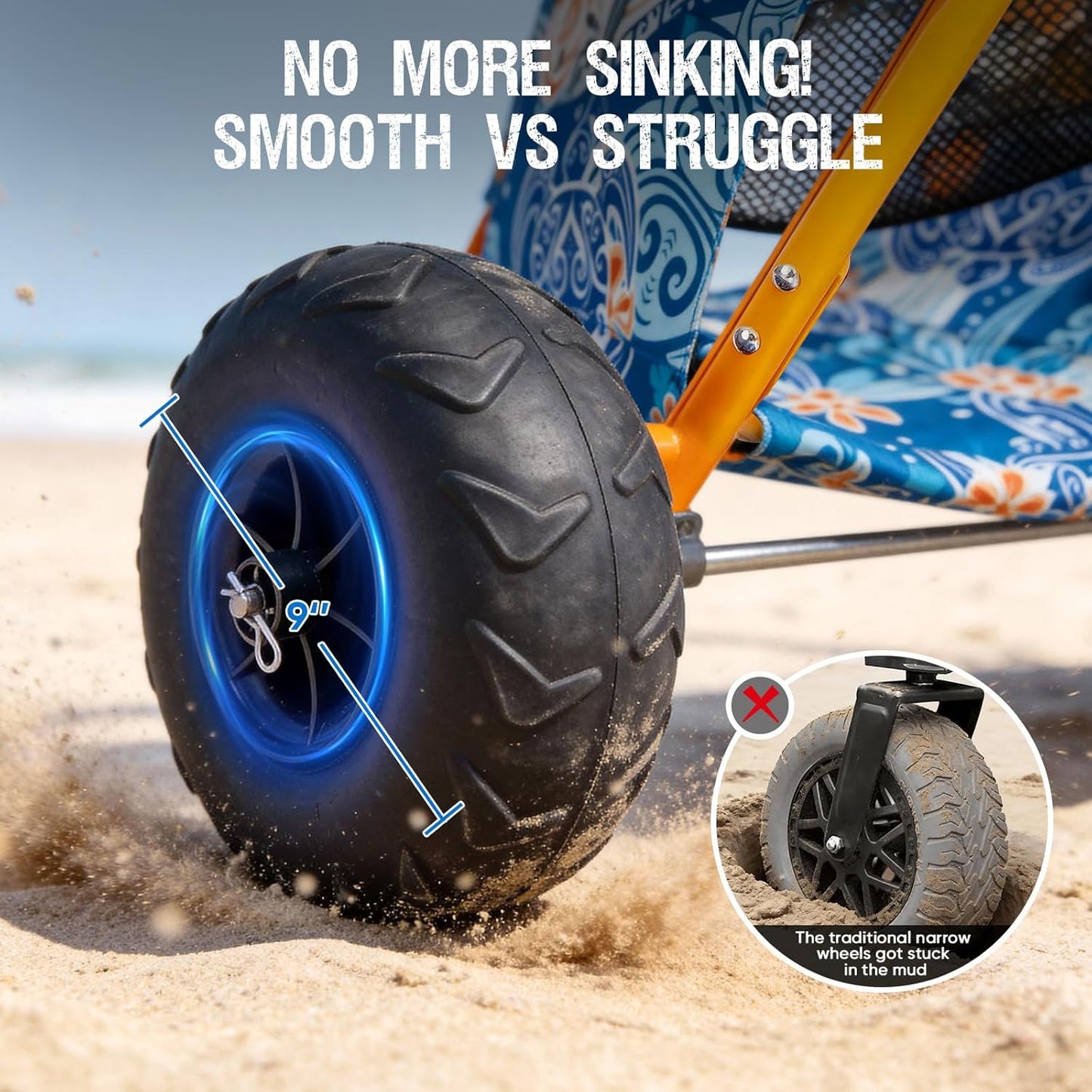 Old Bahama Bay Heavy Duty Beach Cart with 9” Balloon Wheels, All-Terrain Sand Wagon Replacement, Inflatable Big Wheels for Soft Sand, Foldable Beach Gear Carrier with Cooler & Umbrella Holder, 100lbs