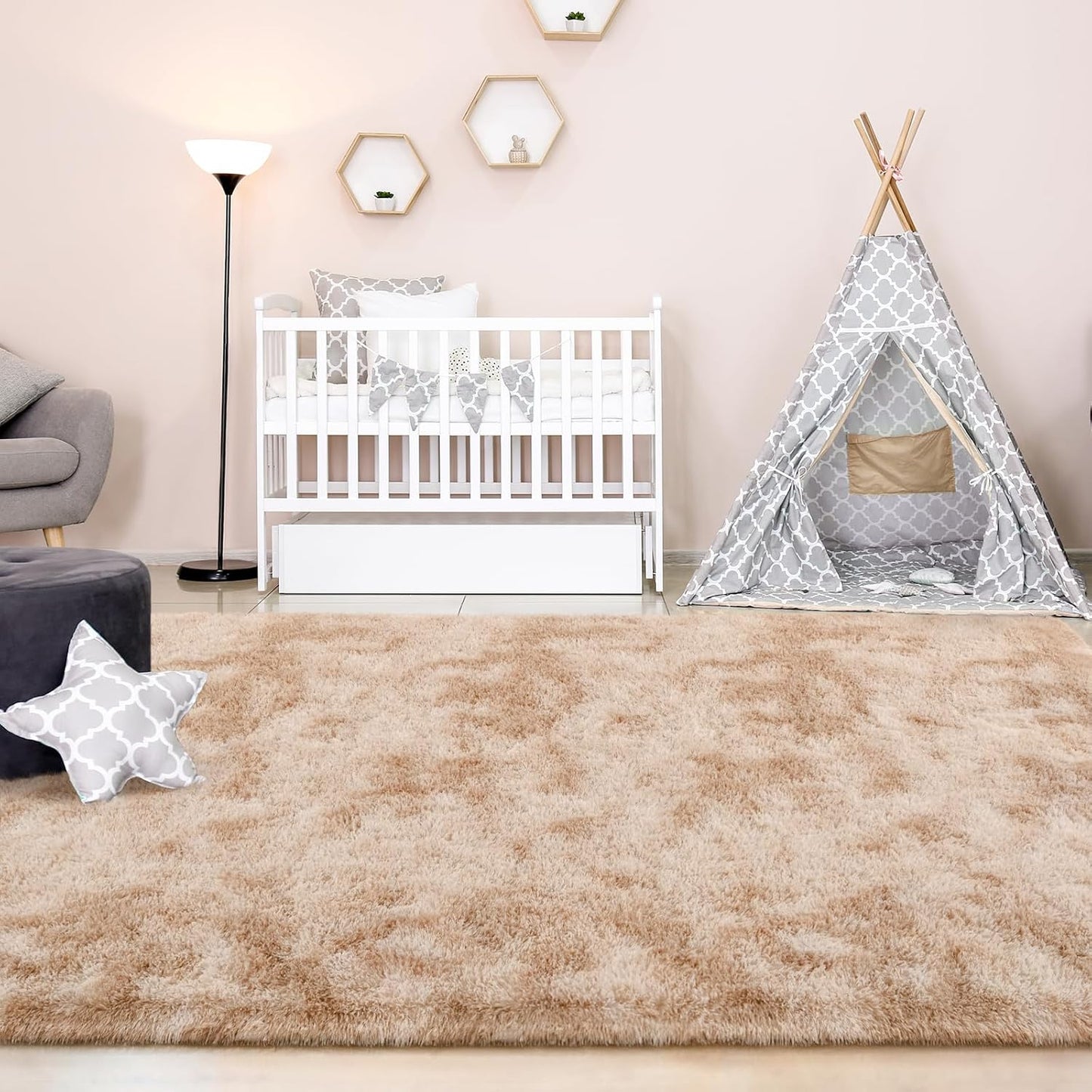 FlyDOIT Large Area Rugs for Living Room, 4x6 Feet Tie-Dyed Beige Shaggy Rug Fluffy Throw Carpets, Ultra Soft Plush Modern Indoor Fuzzy Rugs for Bedroom Girls Kids Nursery Room Dorm Home Decor