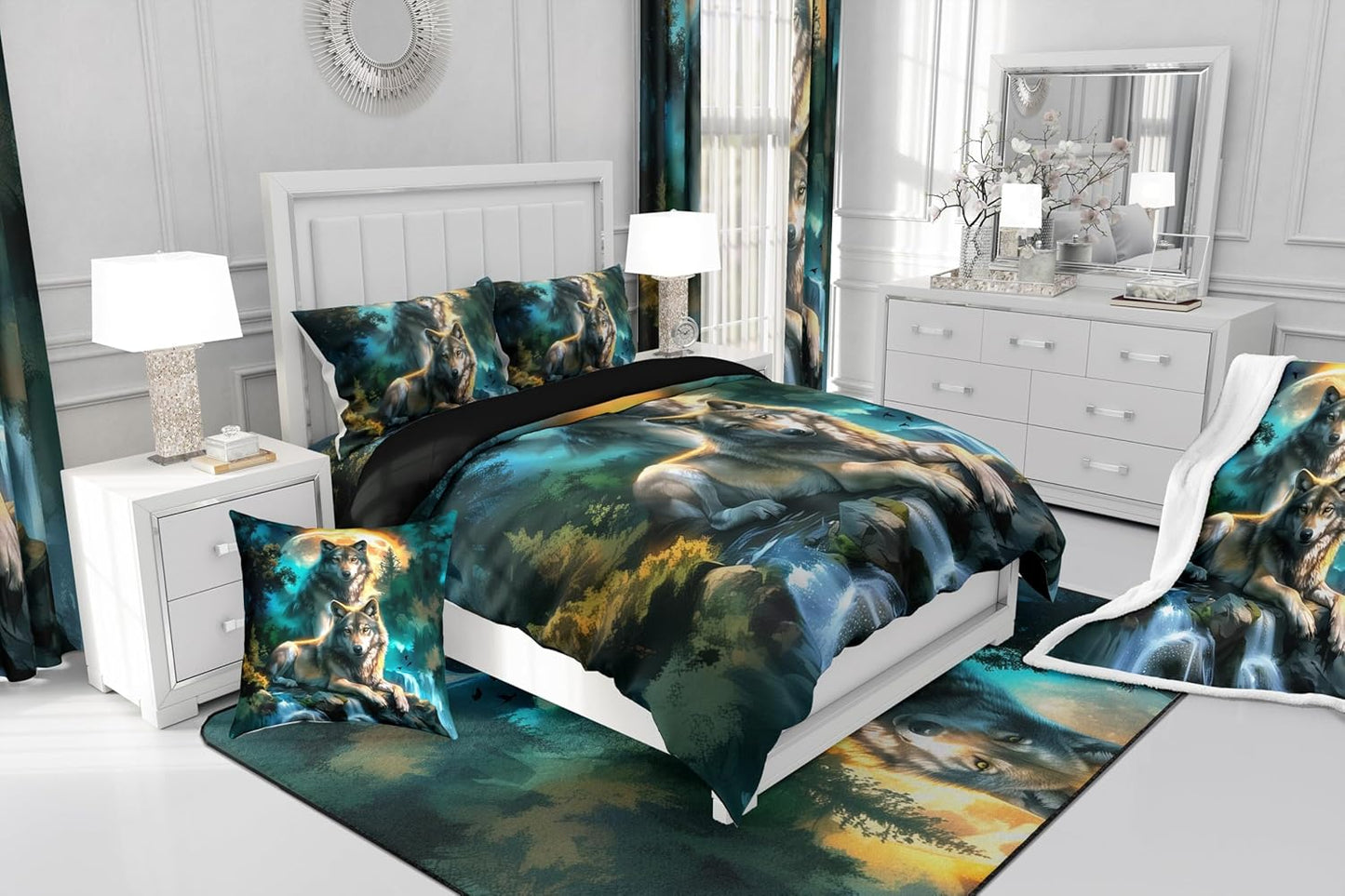 Feelyou Wolf Sherpa Blanket Queen 90"x90" Mountain Moon Wolves Fleece Throw Blanket for Bed Sofa Couch Wild Animals Plush Blanket Fantasy Wildlife Print Fuzzy Blanket