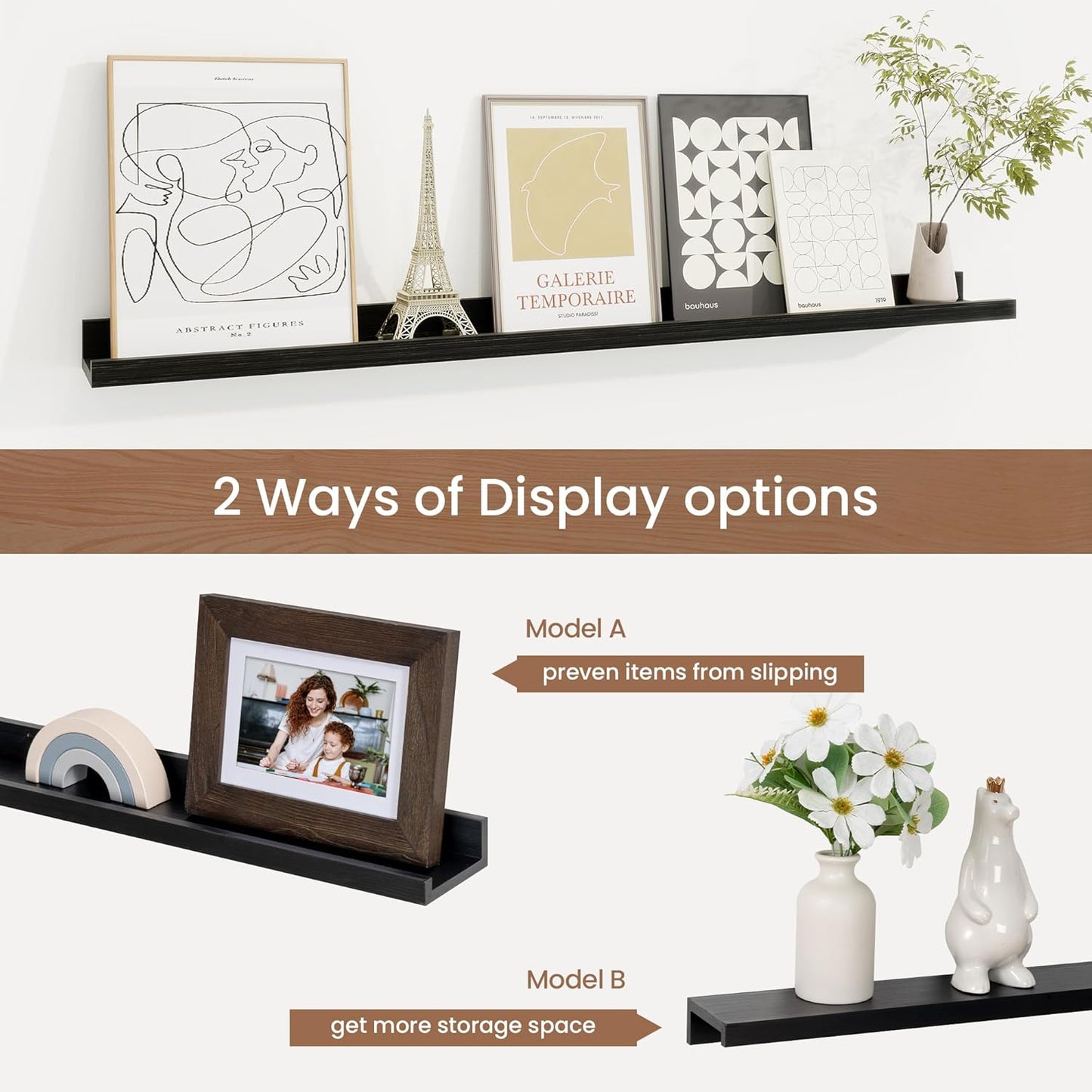 Picture Ledge Shelf, Floating Shelves Set of 2, 36 Inches Solid Wood Nursery Book Shelves for Toys Storage, Kids Bookshelf Wall Mounted for Living Room Bedroom Decor Books Photo Frames, Black