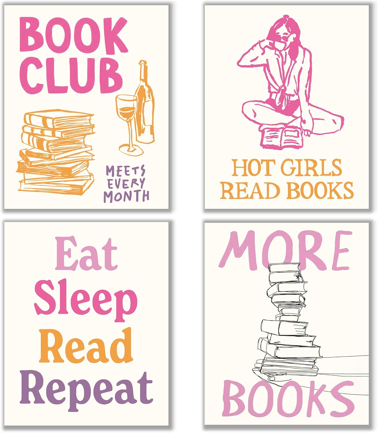 Aychlithic Book Club Decor Posters - Book Lovers Bookish Gift, Trendy Girly Preppy Room Decor, Reading Room Poster Prints Wall Art for Dorm Library Reading Corner Unframed 8x10 Inch, Set of 4