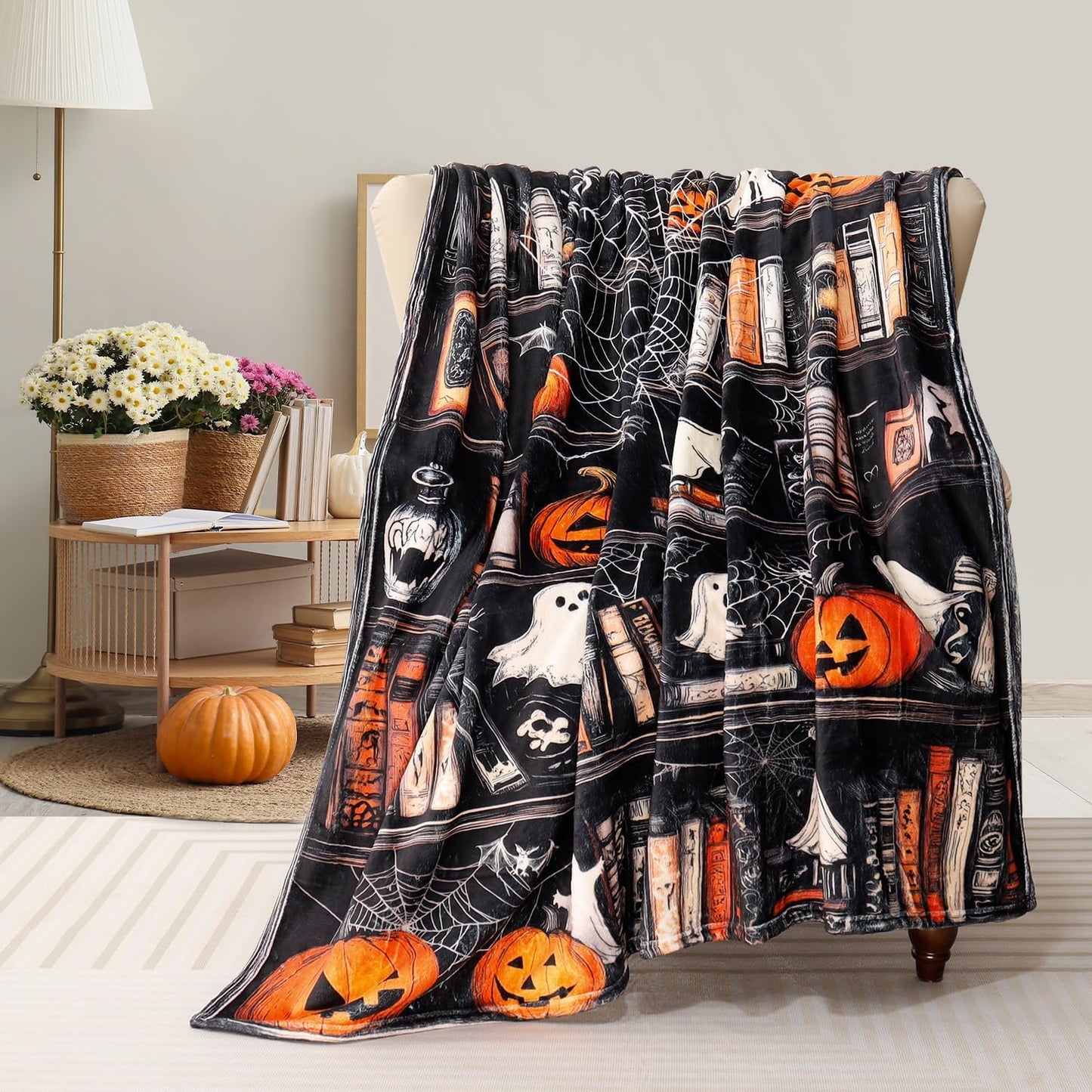 Halloween Blanket Gothic Ghost Bookshelf Throw Blanket for Book Lovers Pumpkin Spider Web Fleece Throw Blankets Super Soft Warm Cozy Flannel Blankets for Couch Sofa Bed 50" x 60"