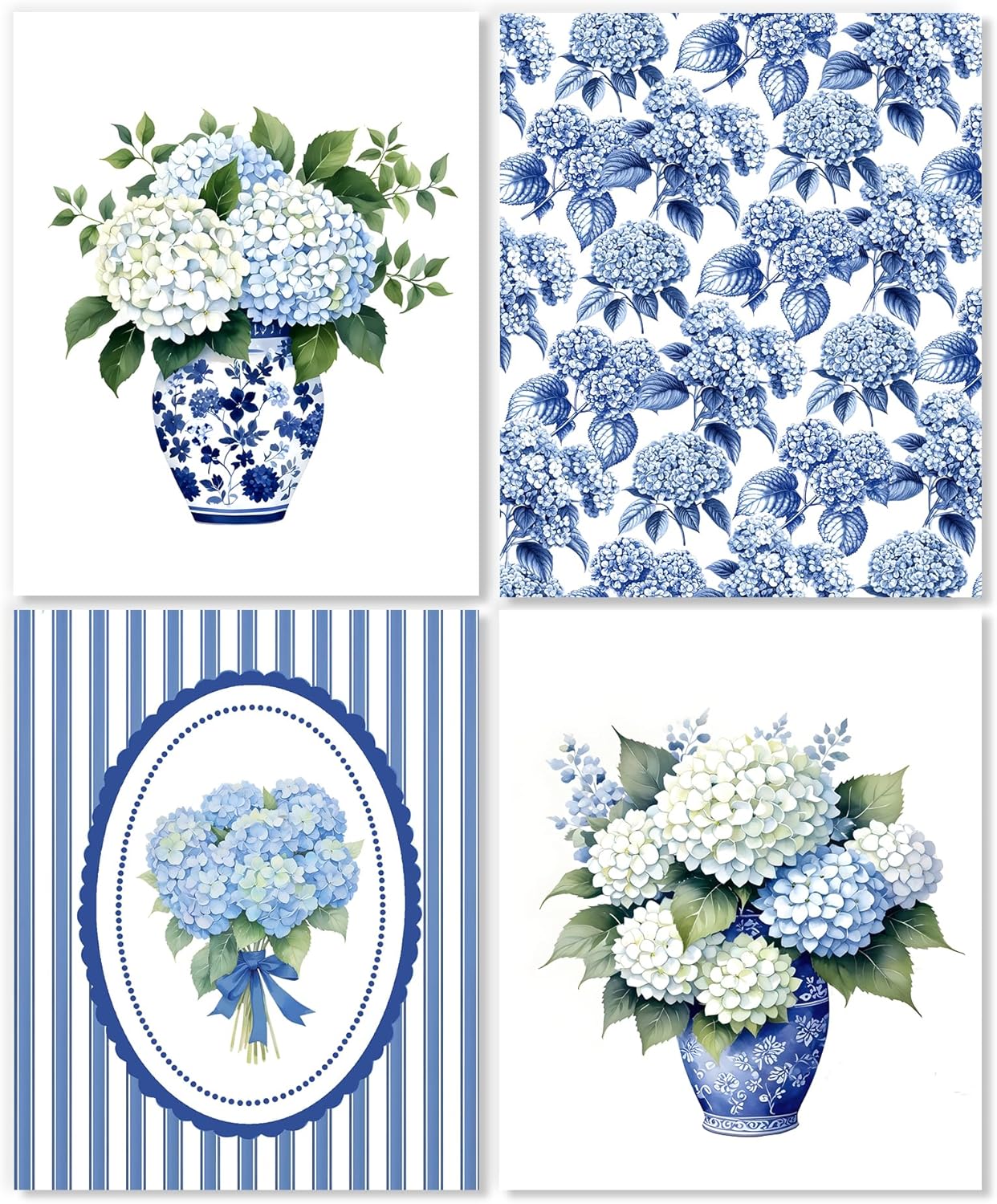 LUKIPOM Chinoiserie Hydrangea Floral Wall Art Posters Set of 4, Grandmillennial Home Decor, Blue and White Porcelain Hydrangea Flower Canvas Prints Artwork Wall Decor, 8x10 Unframed