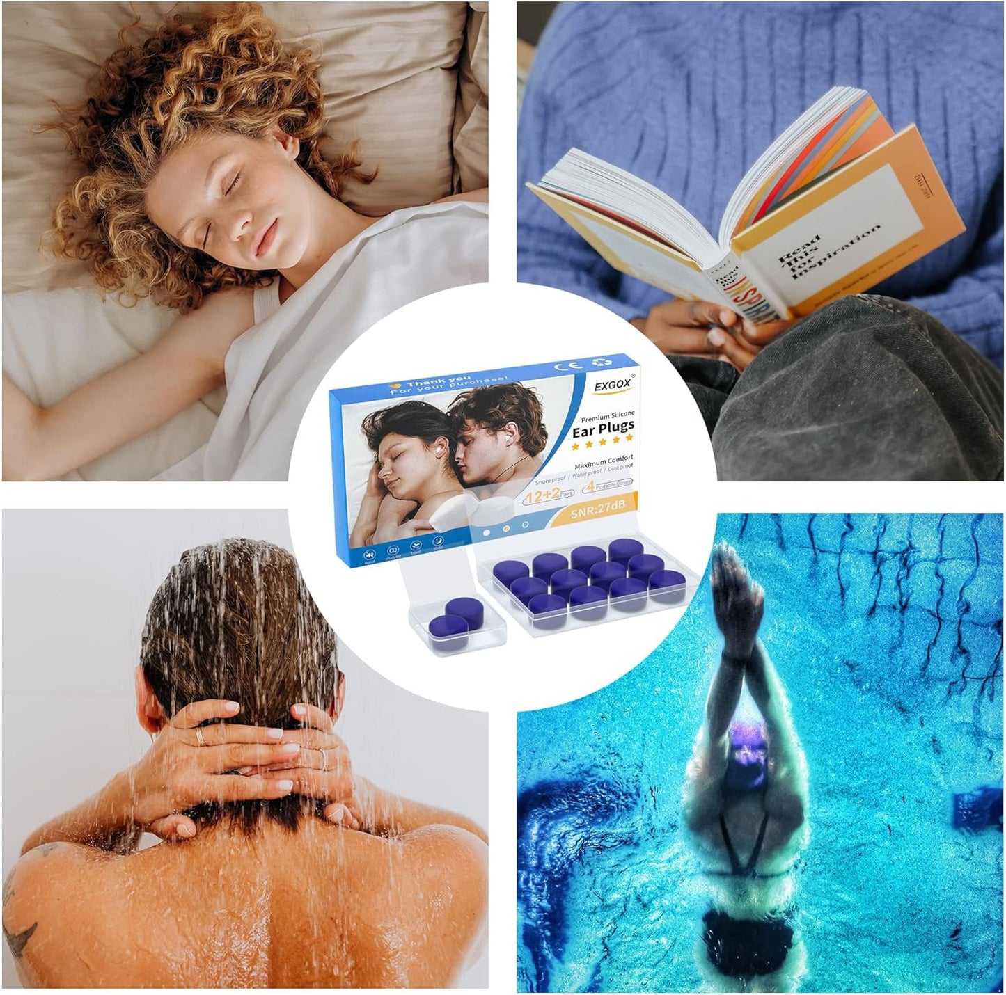 EXGOX 7 Pairs Silicone Ear Plugs for Sleeping Noise Cancelling Reusable Moldable Wax Earplugs for Swimming, Work, Airplane, SNR27dB(Dark Blue)