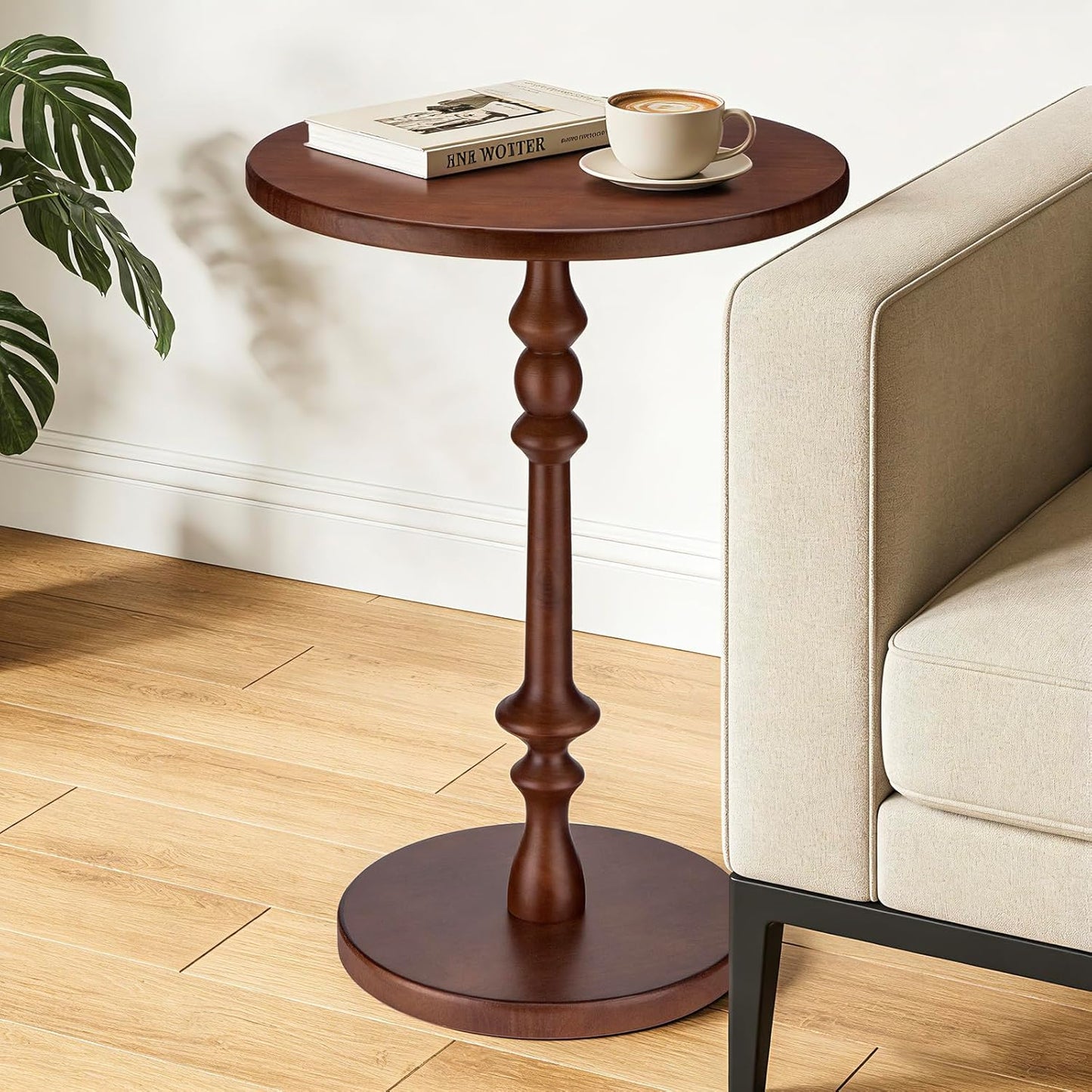 Solid Wood Round Side Table, 15.75" Small Drink Table with Non-Slip Pedestal Base, Modern End Table Accent Table for Living Room and Bedroom, Brown