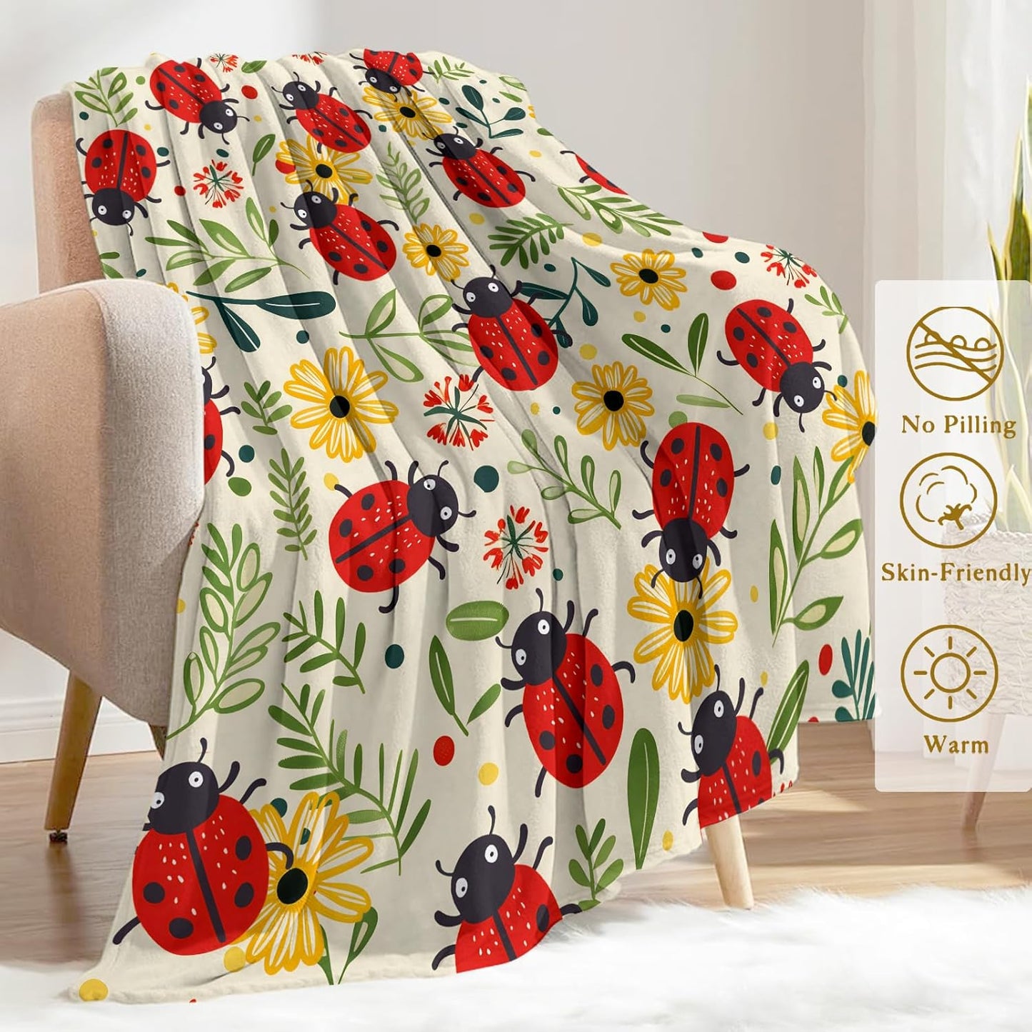 Cute Ladybug Flannel Blanket - Lightweight Soft Cozy Unique Gifts Blankets for Kids,Adult,Women, Nature Lovers,Cute Colorful Flower Throw,Home Room Modern Decor 40x50in