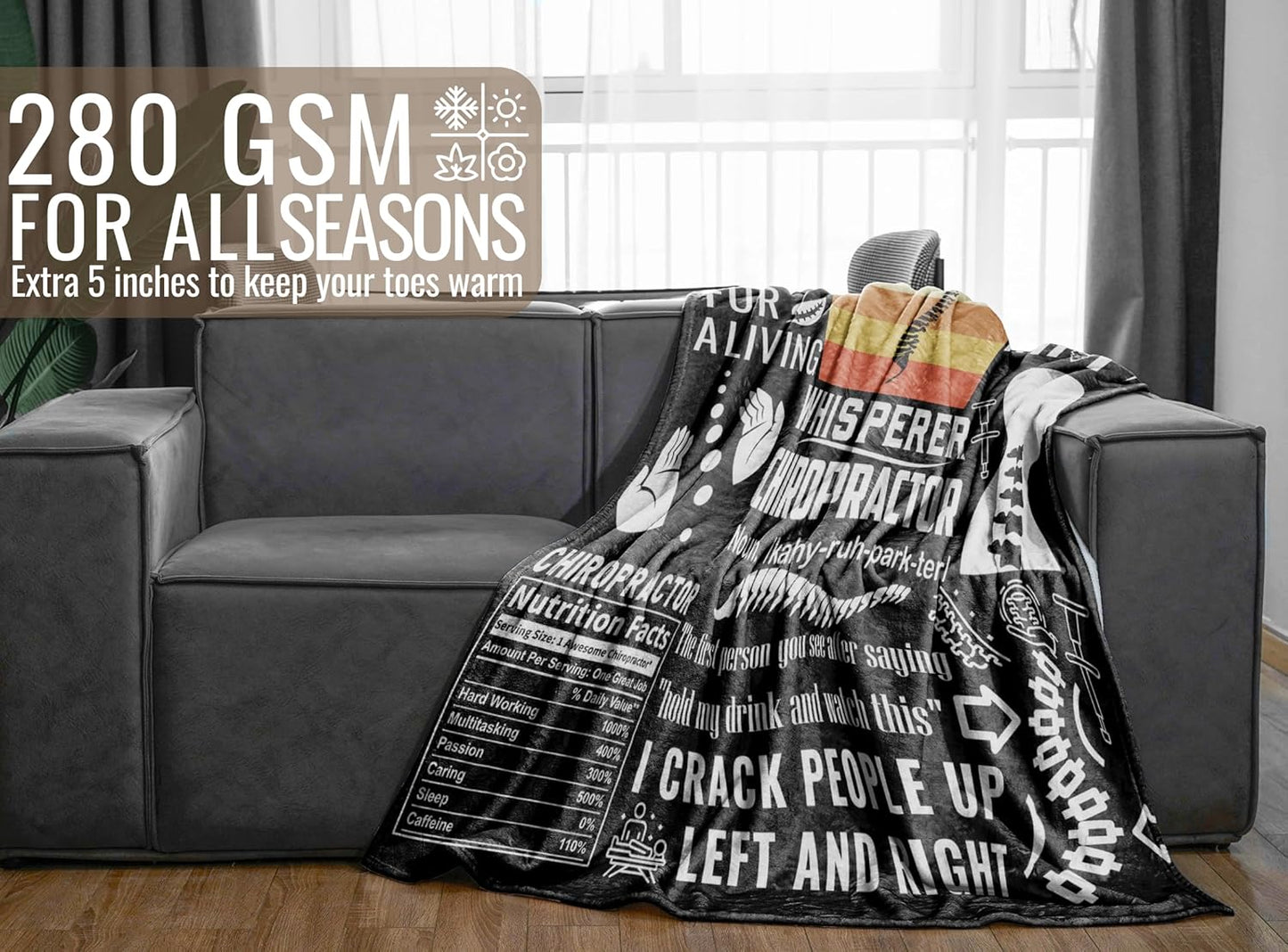 Chiropractor Gifts, Blanket Gifts for Chiropractors, Gift Ideas for Chiropractors Women & Men, Flannel Blanket Throw, 65 x 50 inches - Black