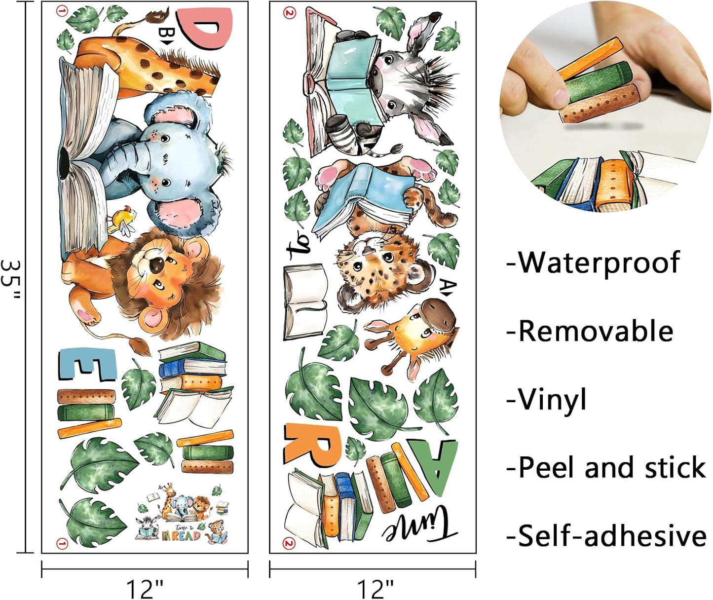 Mfault Time to Read Animal Book Wall Decals Stickers, Educational Elephant Lion Giraffe Nursery Decorations Classroom Bedroom Art, Zebra Leopard Plant Neutral Toddler Kids Reading Corner School Decor