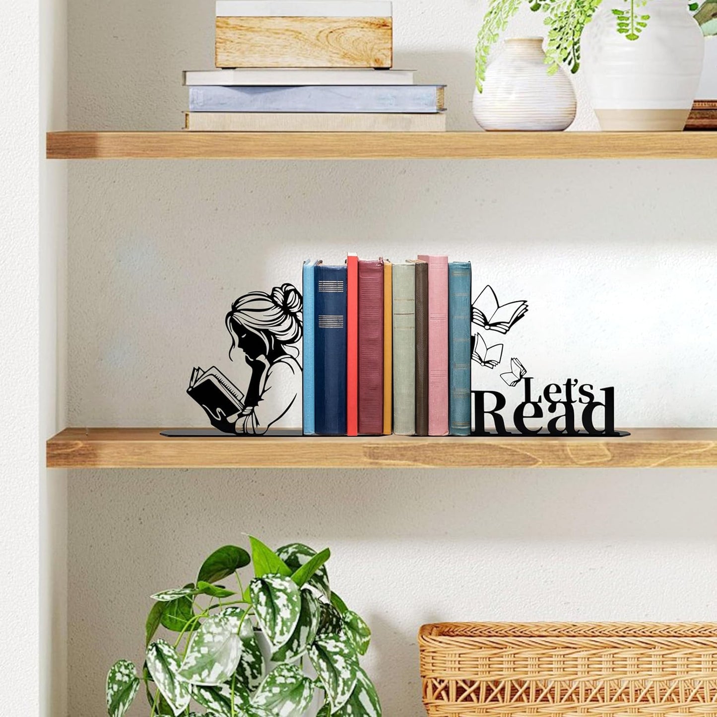 Metal Girl Reading Book Bookends，Lets Read Bookends for Shelves Bookshelf Decorative Objects Home Office Desk Bookshelf Decor Nice Gift for Women (Black)