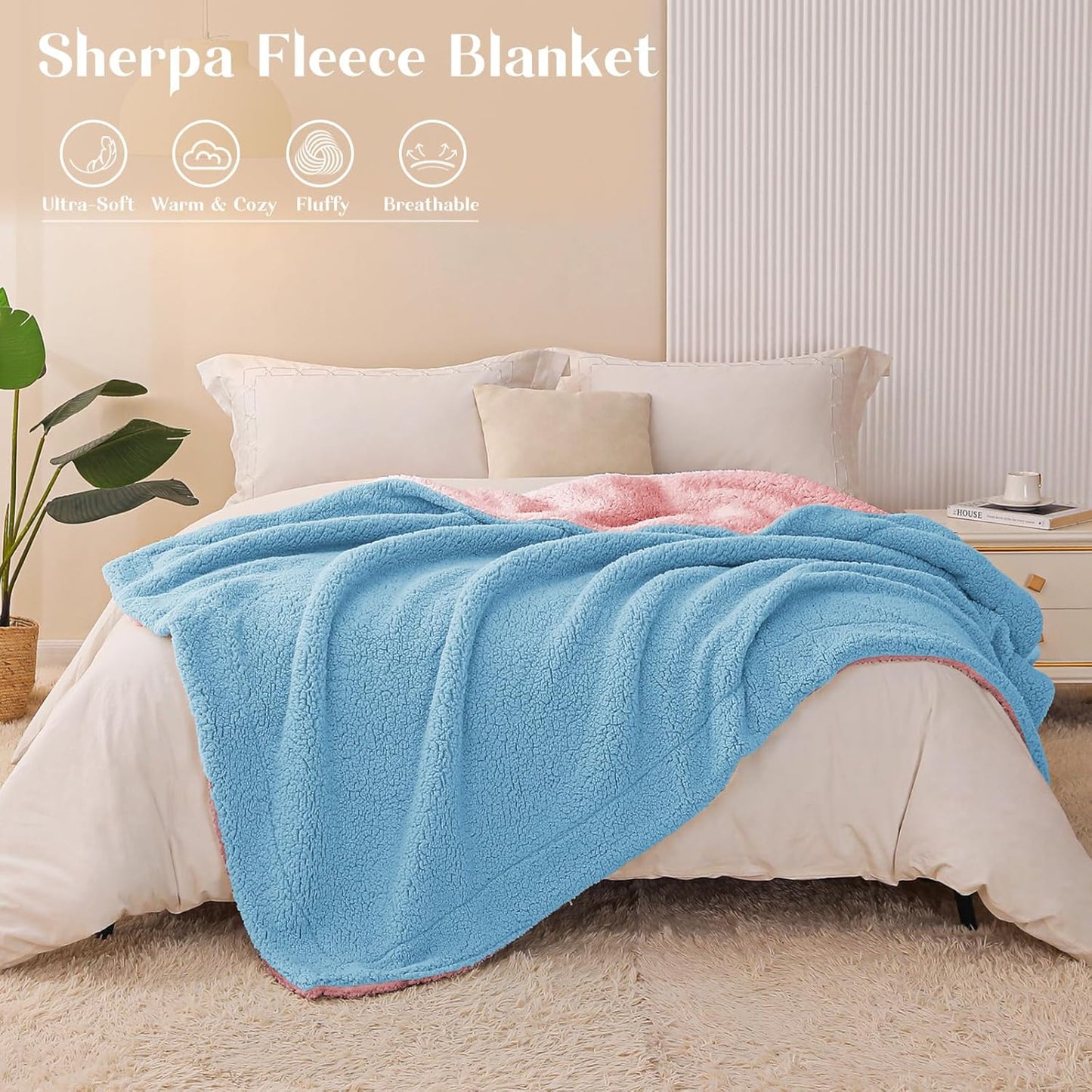 Exclusivo Mezcla Reversible Sherpa Throw Blanket for Couch, Thick and Warm Fleece Blankets for Winter, Soft Plush Fluffy, 50x60 Inches, Blue/Light Pink