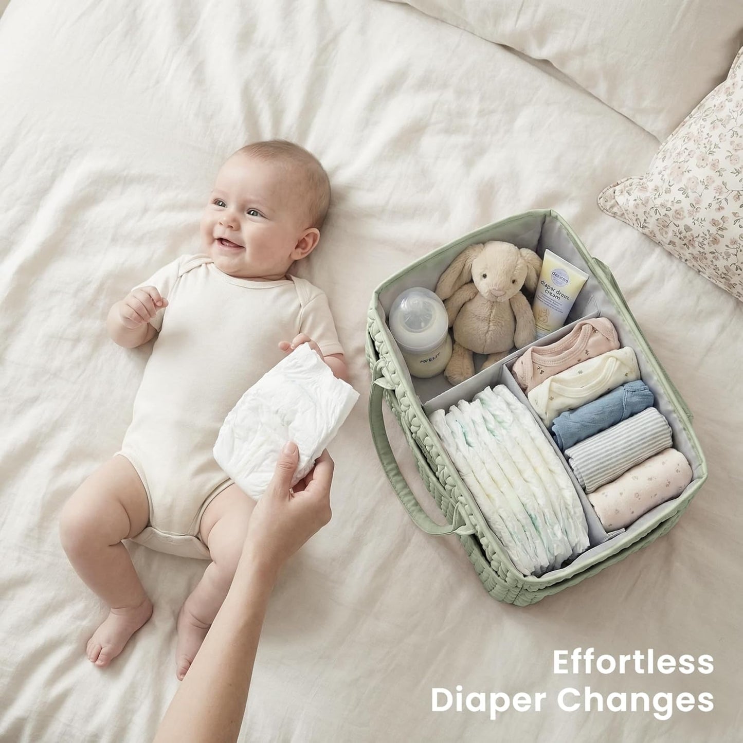 Konssy Braided Quilted Diaper Caddy Organizer, Boho Nursery Storage Basket with PU Leather Handles, Water-Repellent Portable Diaper Basket for Changing Table, Newborn Essentials (Fog Green)
