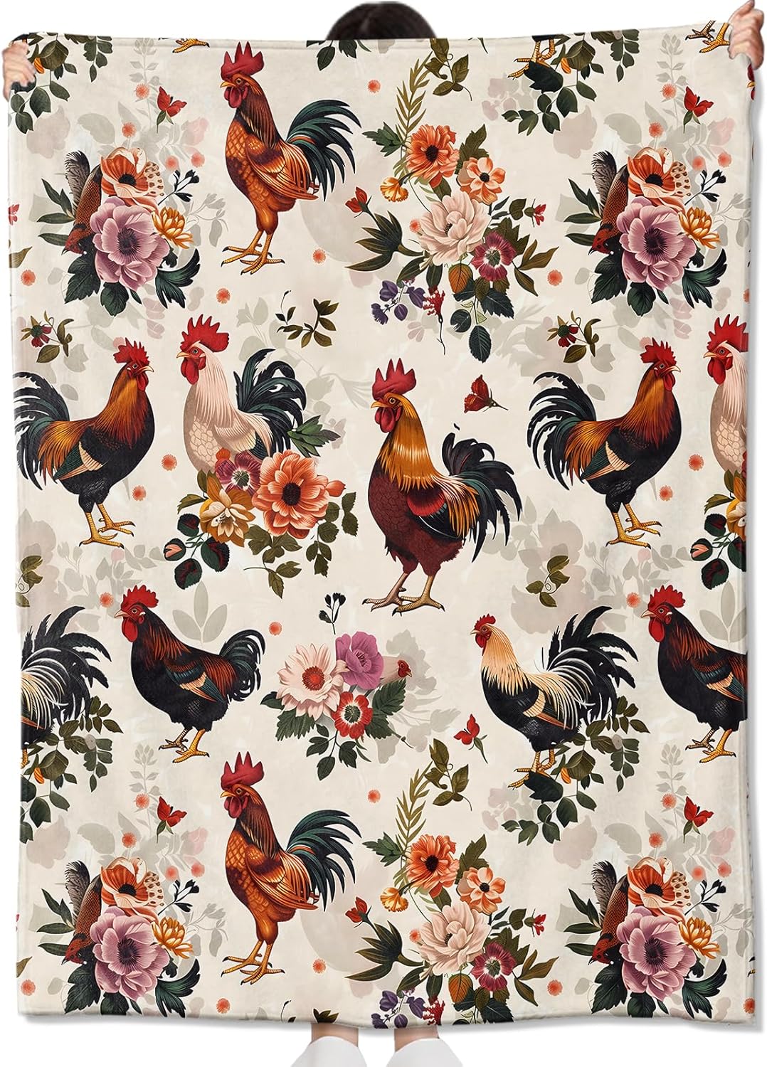Cute Rooster Blanket Gifts for Kids Adult Girls,Chicken and Flower Retro Flannel Throw Blankets,Soft Comfy Lightweight for Farmhouse Home Couch Bed Sofa Decor,Rustic Lovers 60x50in