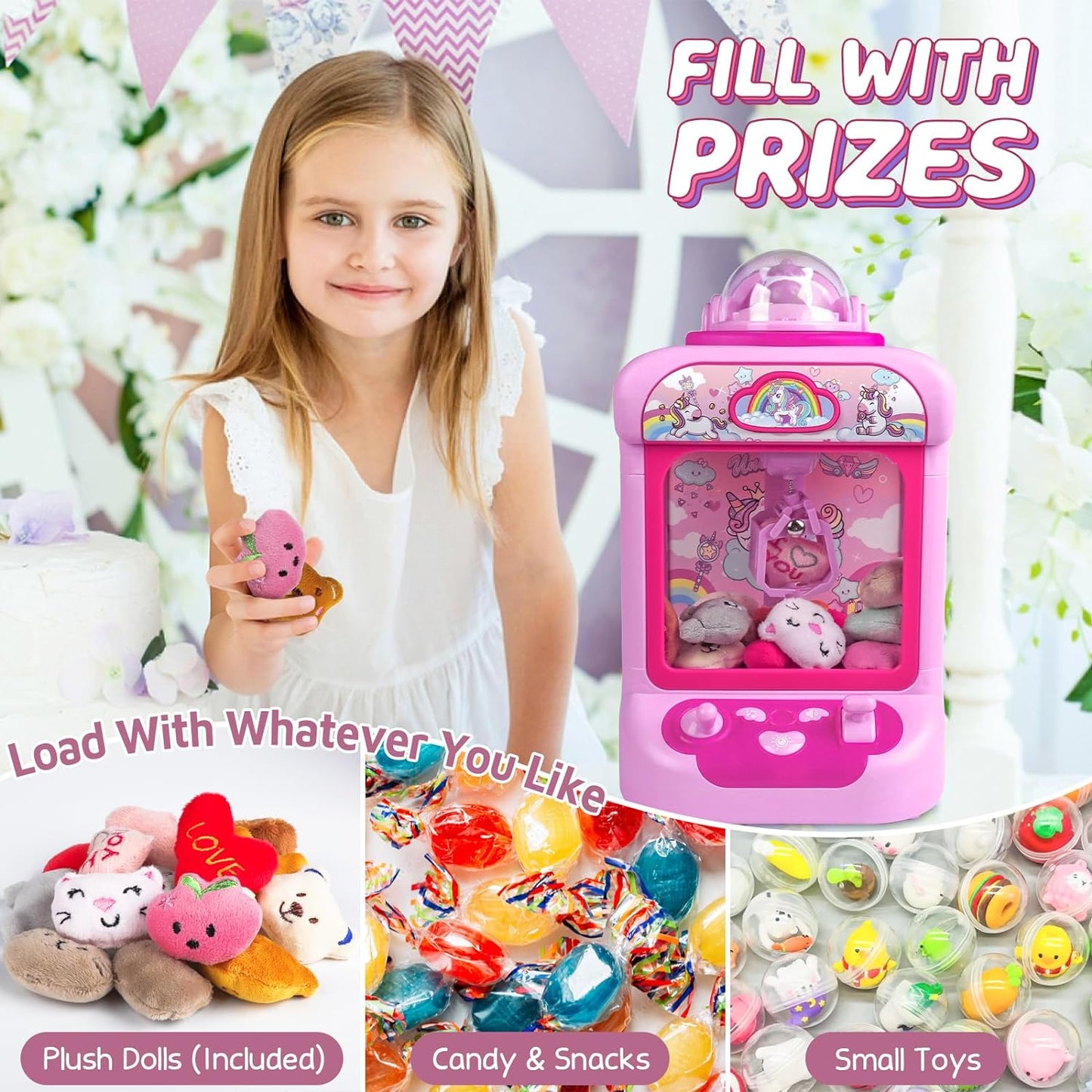 Marlrin Claw Machine for Kids, Mini Vending Machine Girls Unicorn Toys, Candy Grabber Prize Dispenser with Sound & 20 Mini Plush Toys, Electronic Arcade Game Indoor Toy for Home Party Birthday Gifts