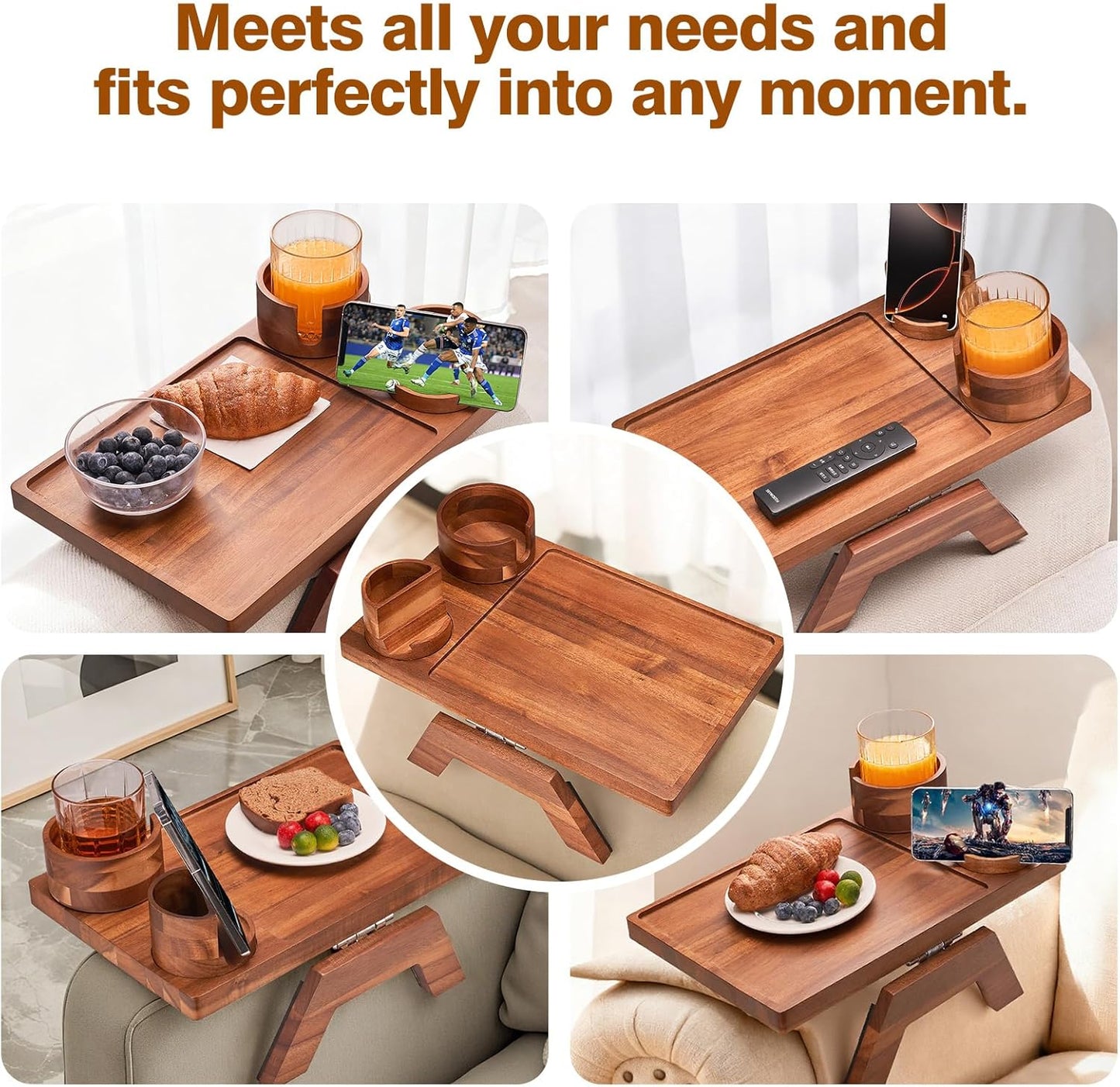 VANGONA Couch Armrest Table, Foldable Side Tray Table for Couch, 360°Rotating Cup & Phone Holder Tray, Anti-Slip Snack Caddy for Sofa, Bedroom, Living Room, Acacia Wood, for Mom, Dad