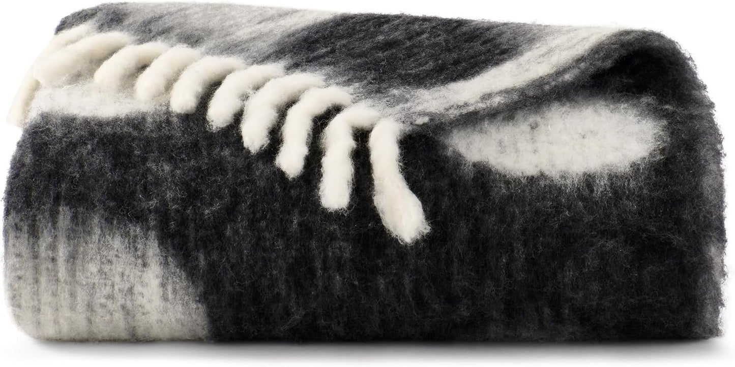 kate spade new york Dots Throw, 50" x 70", Mohair Blend Decorative Throw for Couch, Bed, Sofa, Brushed Dots Design with Fringe, Home Decor for Living Room, Bedroom, or Dorm, Black & White