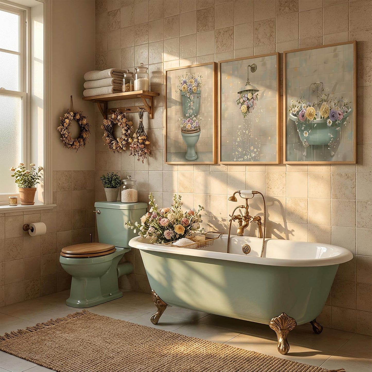 3pcs Framed Vintage Floral Bathroom Canvas Wall Art Beige Floral Shower Posters Prints Paintings Rustic Cottagecore Wildflower Paintings for Toilet Washroom WC Paintings Decoration Prepare To Hang