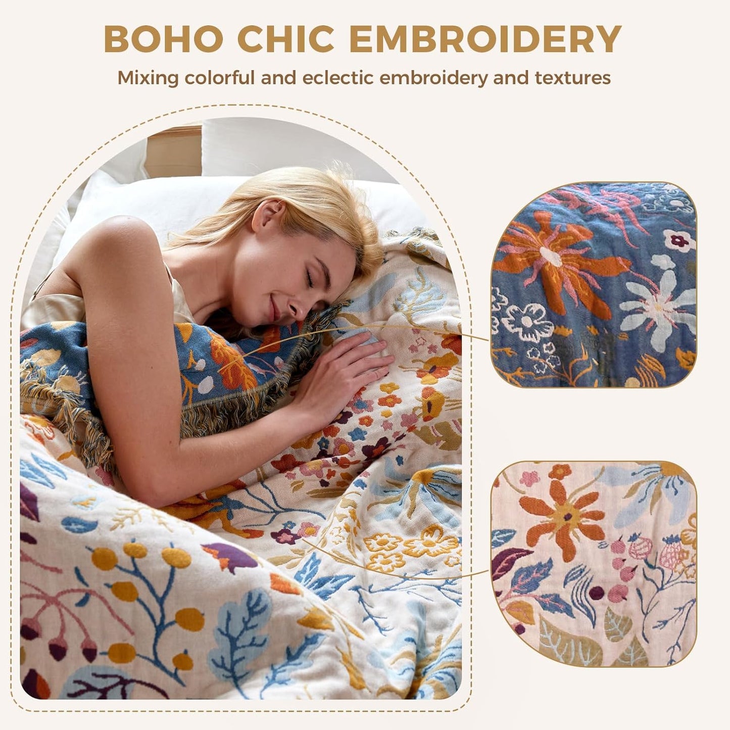 Boho Throw Blanket with Florals & Leaves Embroidery Reversible Lightweight Spring Cotton Gauze Throws for Couch,Bed,Sofa & Chair Decor - Bohemian Living Room Accent Gift 50"x60"