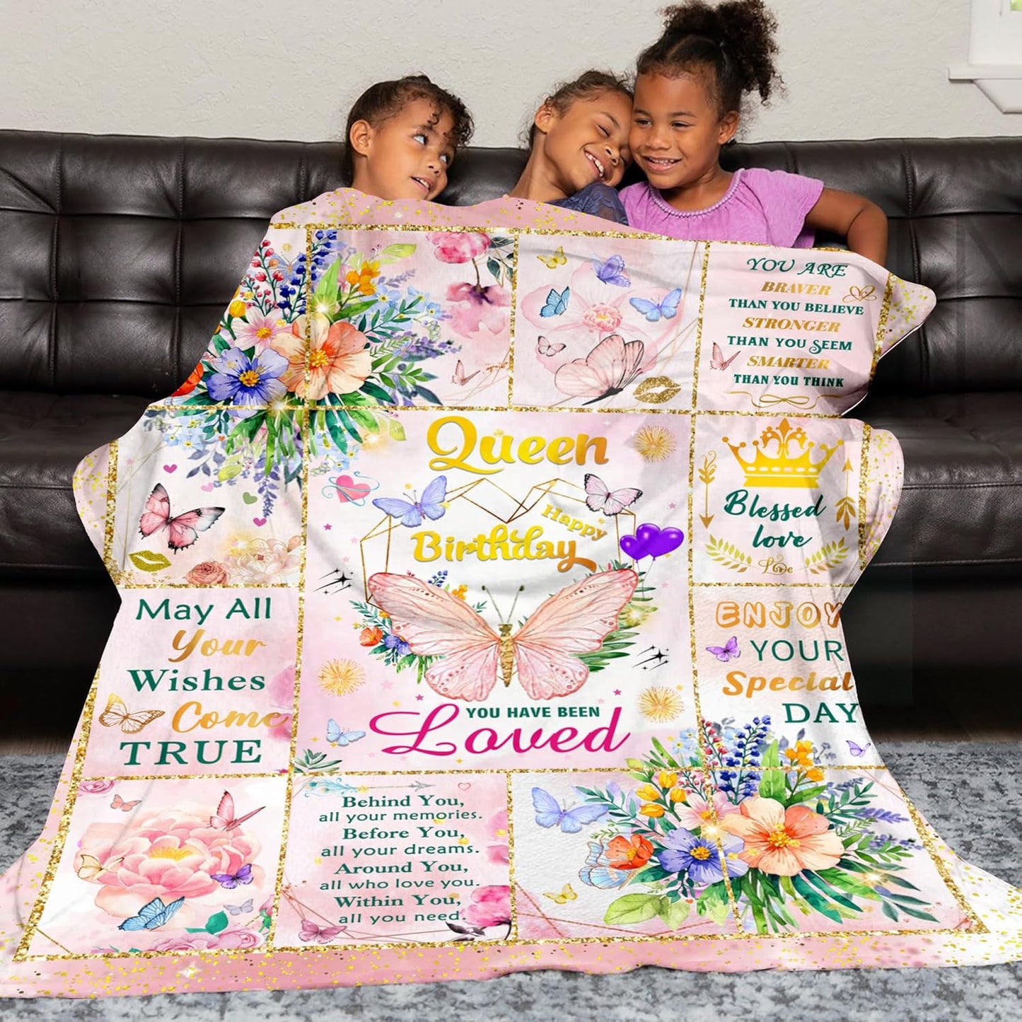 Happy Birthday Gifts for Women, Super Soft Funny Pink Butterfly Flower Bday Decorations Blanket 50"x40" for Kids Adults, Birthday Gifts for Girls, Warm Plush Fleece Flannel Blanket for Couch Bedding