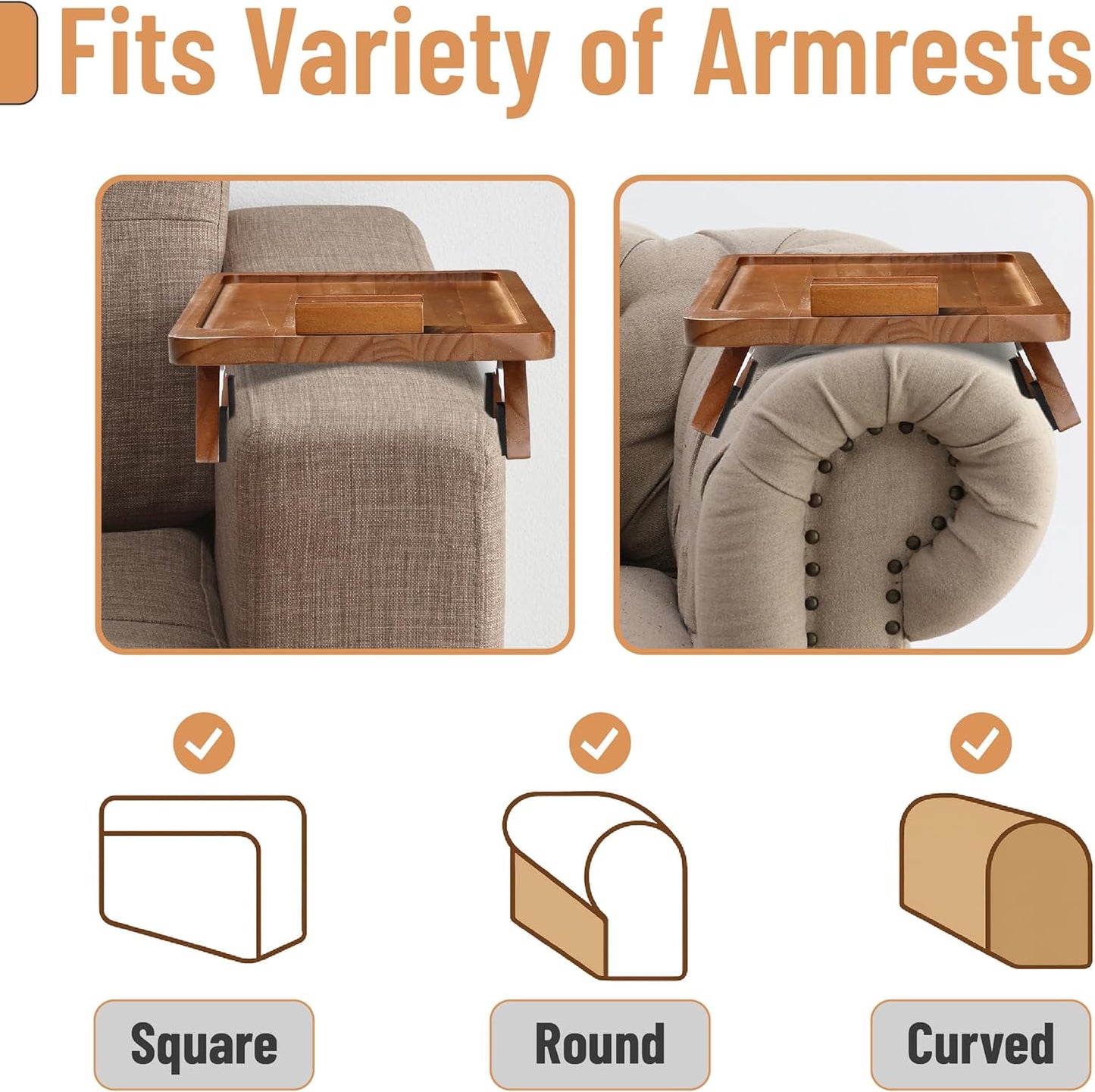 BAMBOO LAND- Couch Arm Tray, Wooden Folding Couch Armrest Table, Rectangular Clip-On Sofa Arm Tray with 360° Rotating Phone Holder