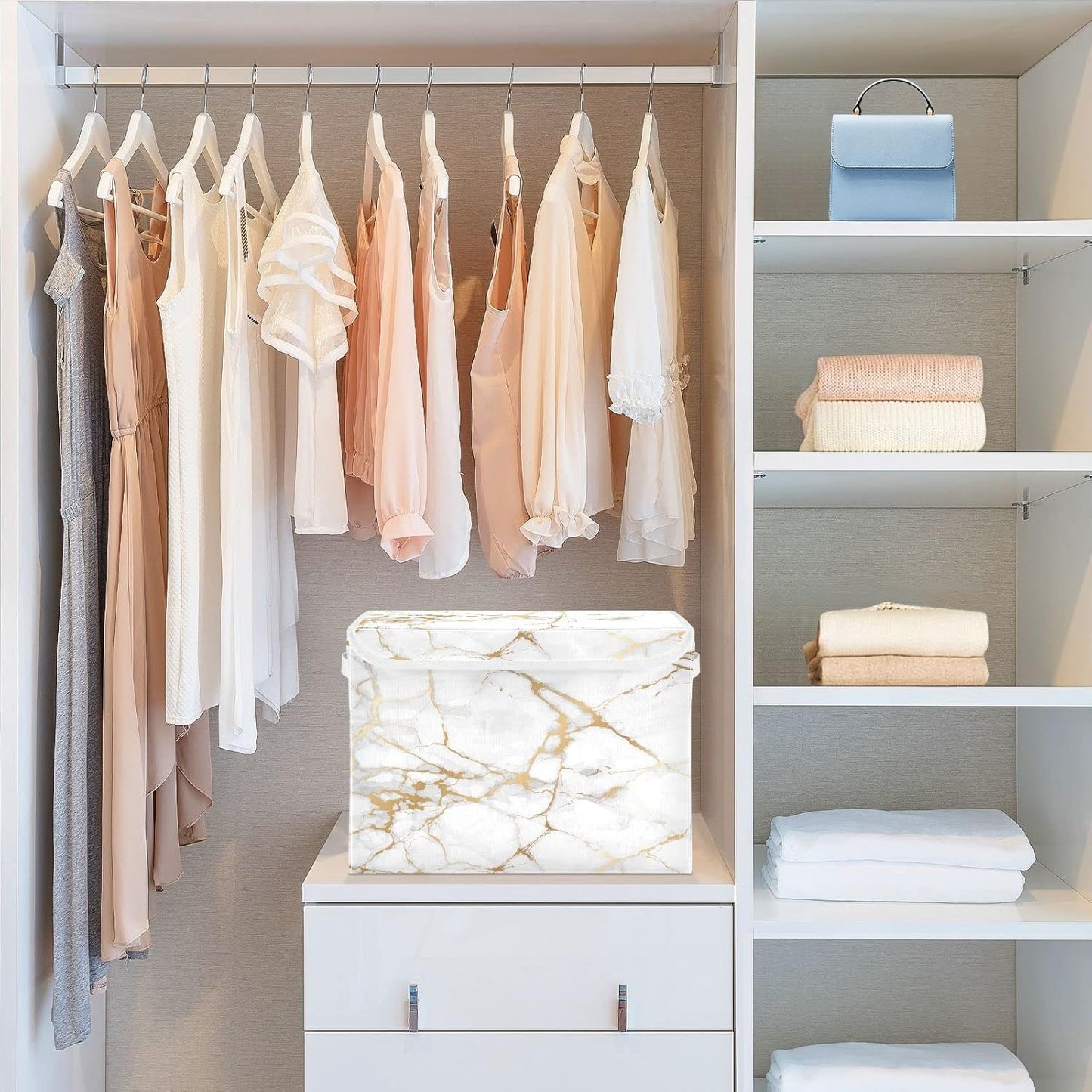 Storage Bin with Lid Gold Geometric Marble White Golden Edge Foldable Storage Box Washable Fabric Storage Cubes Bin Organizer Basket Closet for Home Bedroom Closet Nursery Office