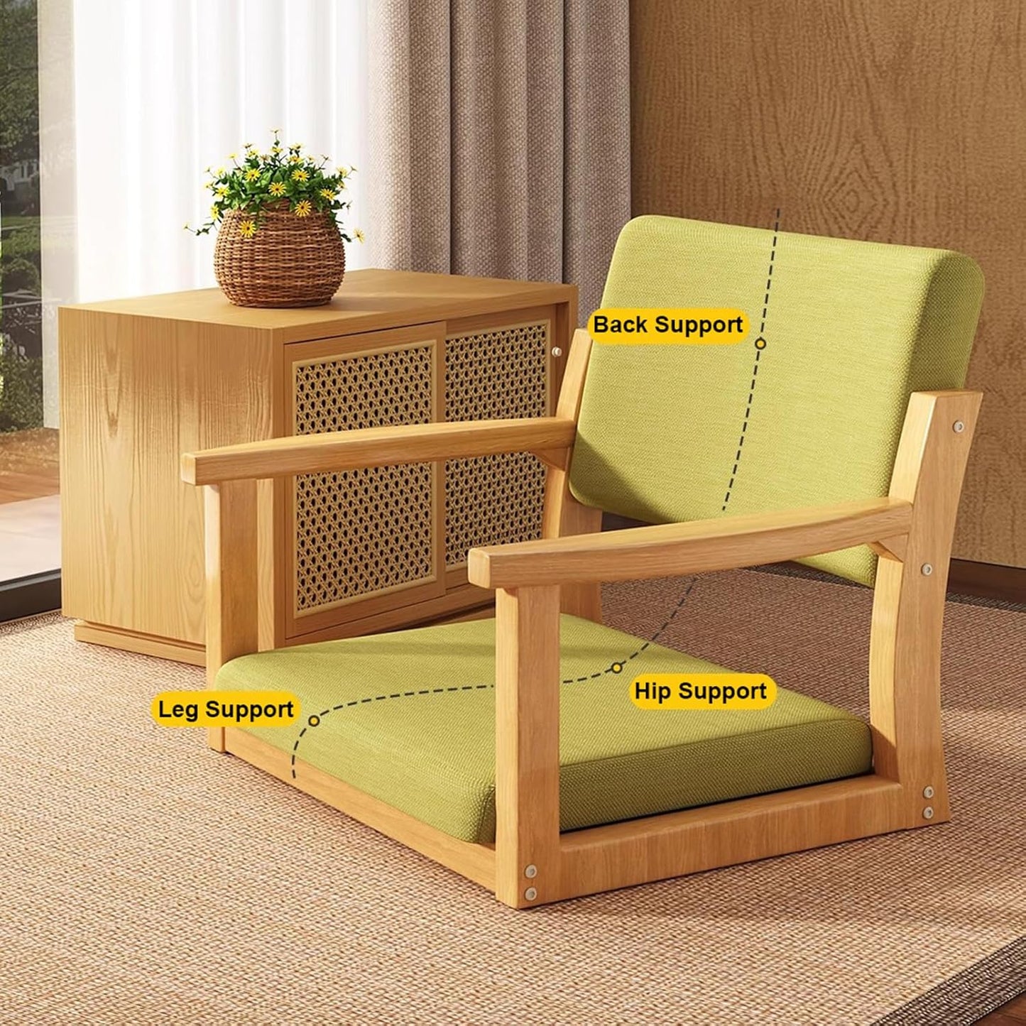 Wooden Tatami Legless Chair with Back Support Modern Japanese Floor Chair Great Use for Reading Meditating Living Room Balcony,Green Wood