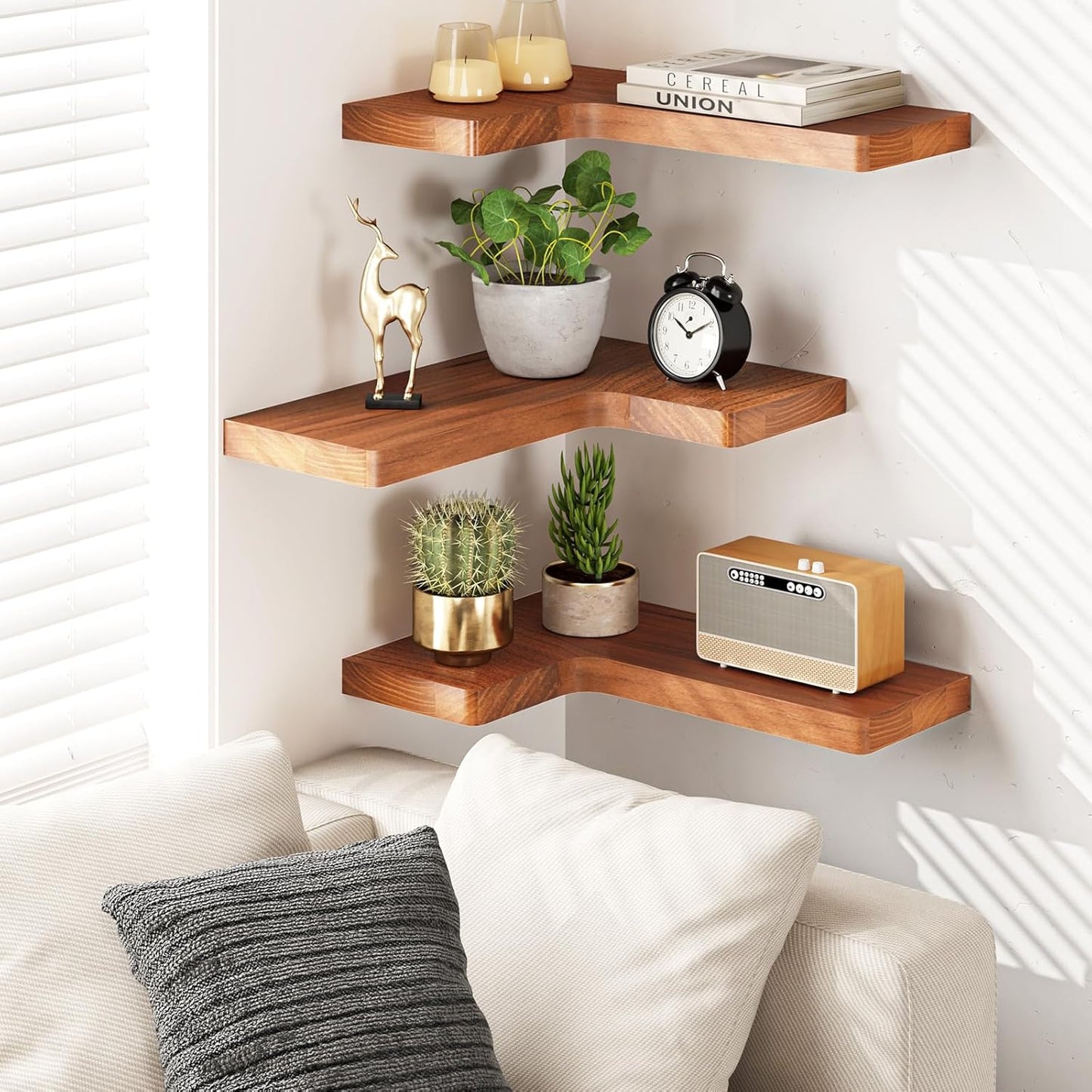 Fixwal Corner Floating Shelves for Wall Mounted Natural Solid Wood 16"x11.4" Farmhouse Home Decor Display Shelving Set of 3 (Rustic Brown)
