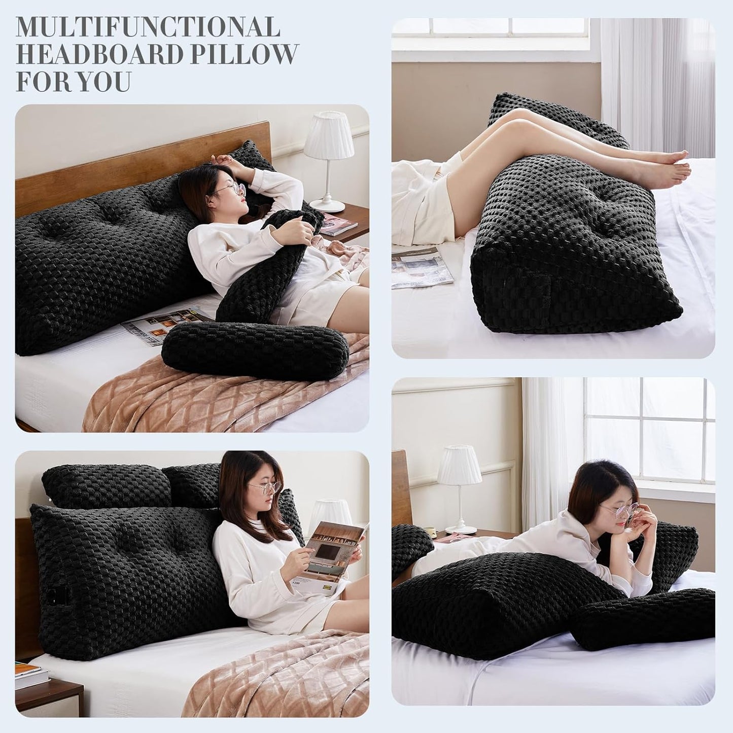 Wedge Headboard Pillow - Bed Wedge Pillow for Headboard Triangular Headboard Pillow with Neck Roll Pillow-Large Bolster Pillow for Sitting in Bed Backrest Positioning Support (Black,76x8x20 Inches)