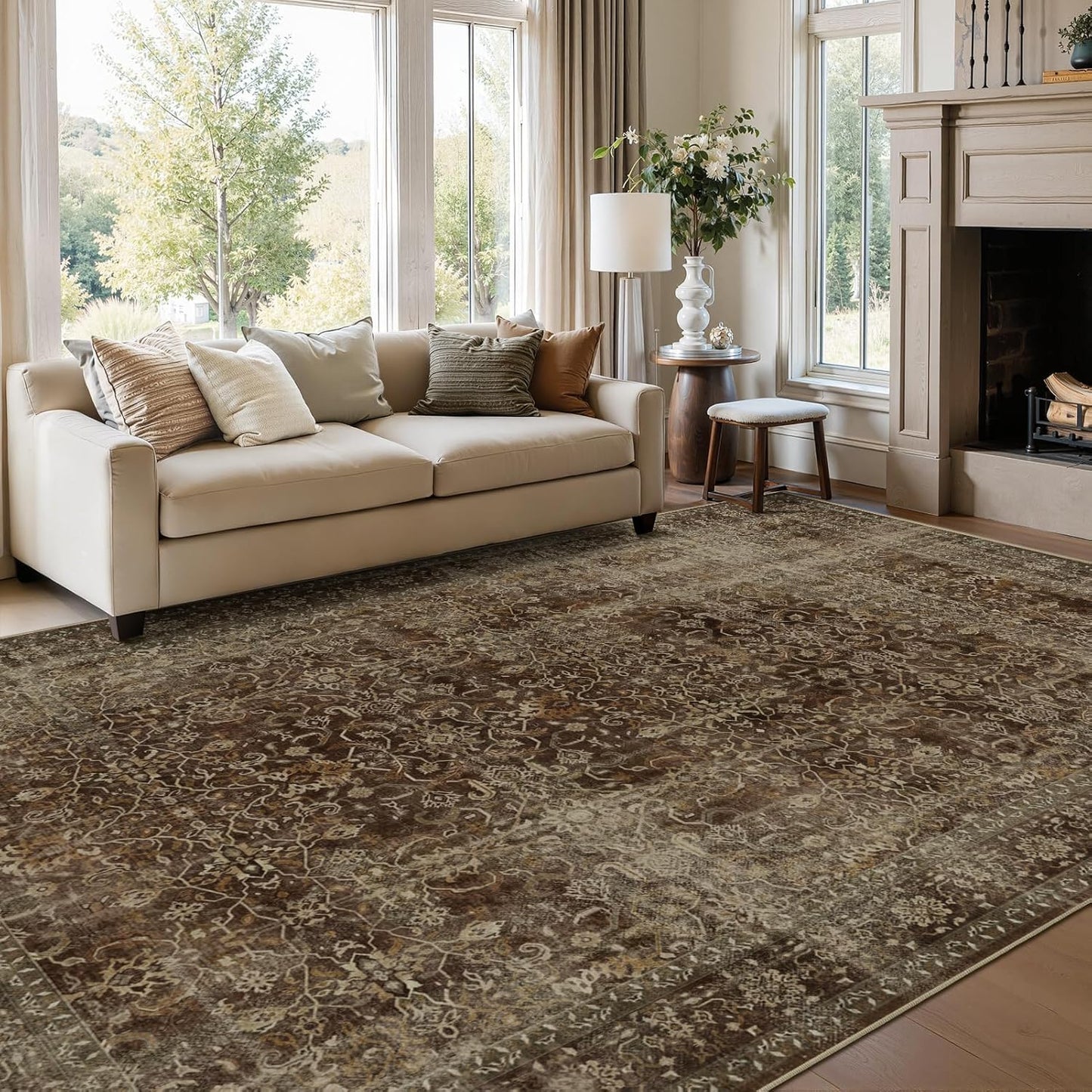 Distressed Coffee Brown Living Room Rugs 6x9, Washable Non Slip Thin Carpet Rugs for Dining Room Under Table, Vintage Earth Tone Area Rugs for Bedroom Home Office Reading Nook