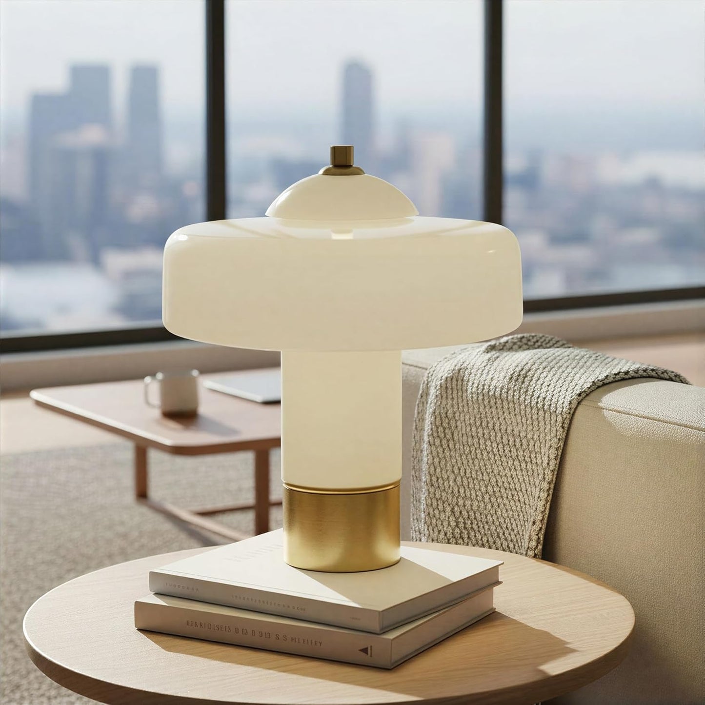 Creative Co-Op Cream Glass & Metal Dome Table Lamp with Antique Brass Accent