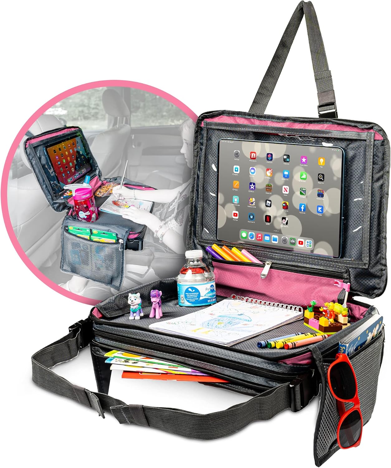 BE Family Travel Kids Car Seat Travel Tray, Car Accessories for Children, Car Seat Snack Tray, Traveling Essentials for Kids, Toddler Lap Tray for Engaging Activities, Multipurpose Design, Pink