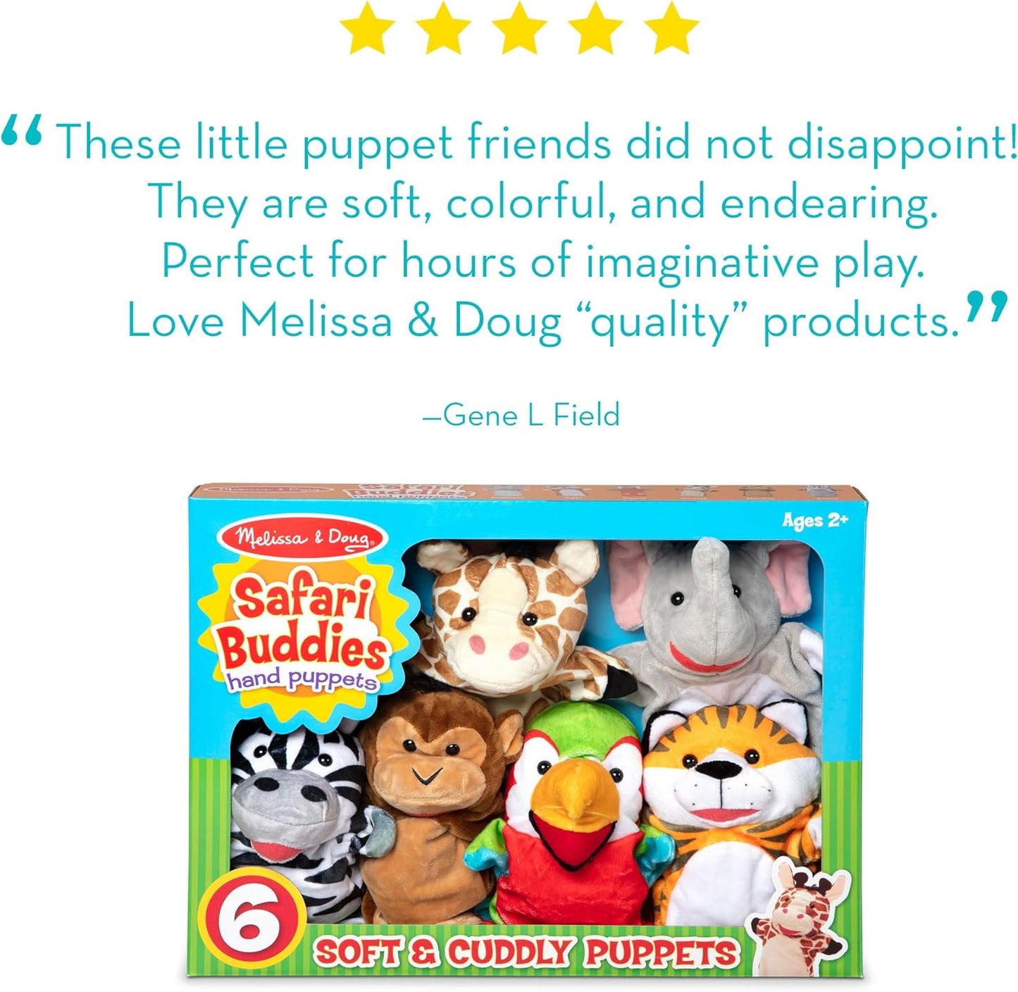 Melissa & Doug Safari Buddies Hand Puppets, Set of 6 (Elephant, Tiger, Parrot, Giraffe, Monkey, Zebra) Soft, Plush Puppet, Stuffed Animals, Pretend Play Toddler Toys for Girls & Boys 2+