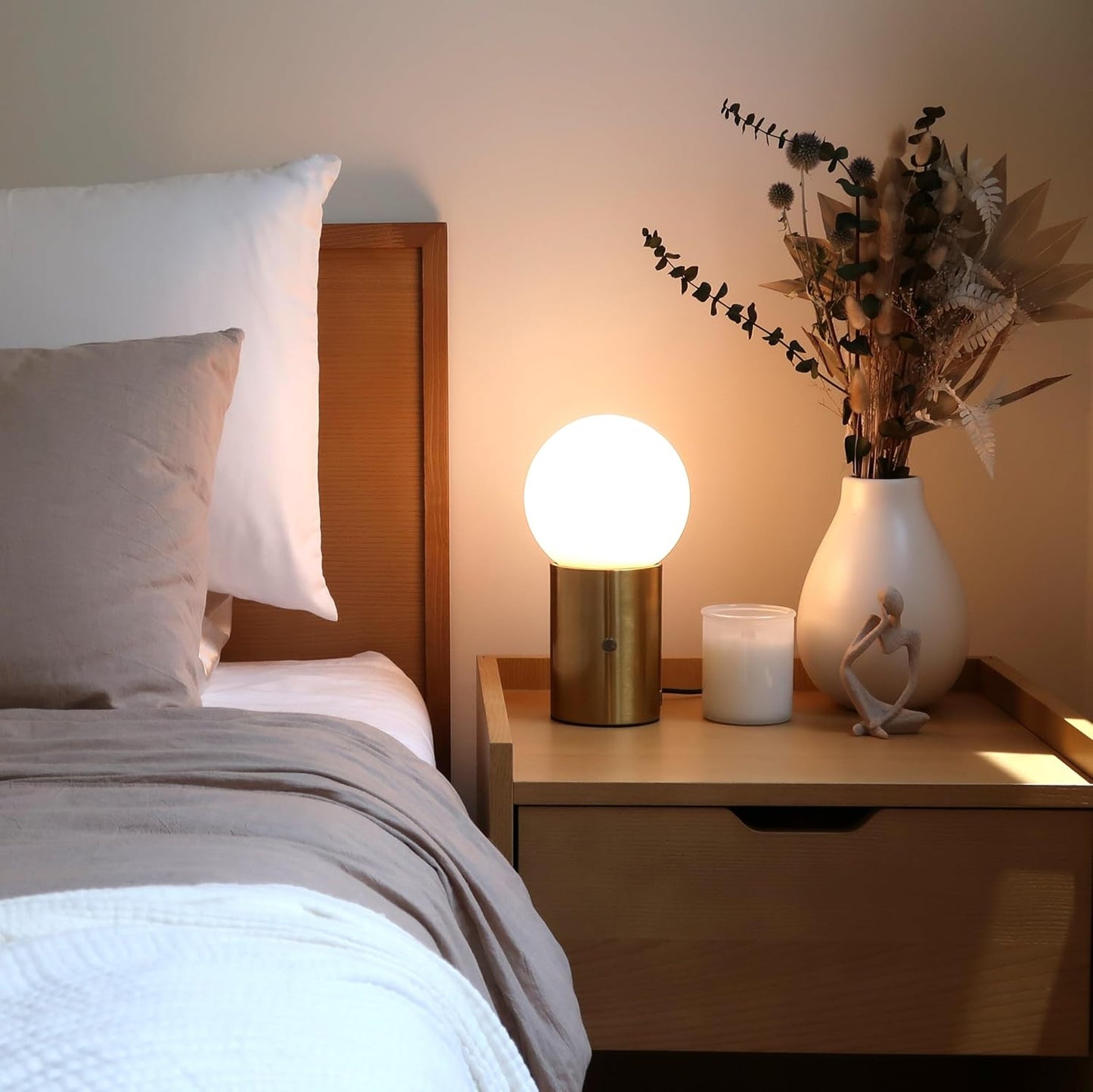 Brightech Kai LED Table Lamp with USB Port - Small Bedside Reading Modern Desk Lamp, Nightstand Light with Ambient Lighting for Bedroom, Living Room, Office - Modern Globe Lamp Shade, Brass Finish
