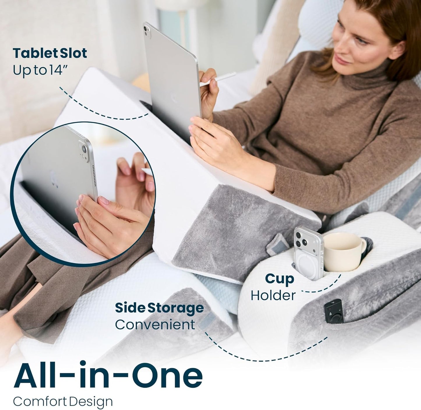 8-Piece Orthopedic Wedge Pillow Set for Sleeping, Post-Surgery Recovery, Back & Leg Pain Relief, Acid Reflux & GERD Support with Tablet & Cup Holder (Furry)