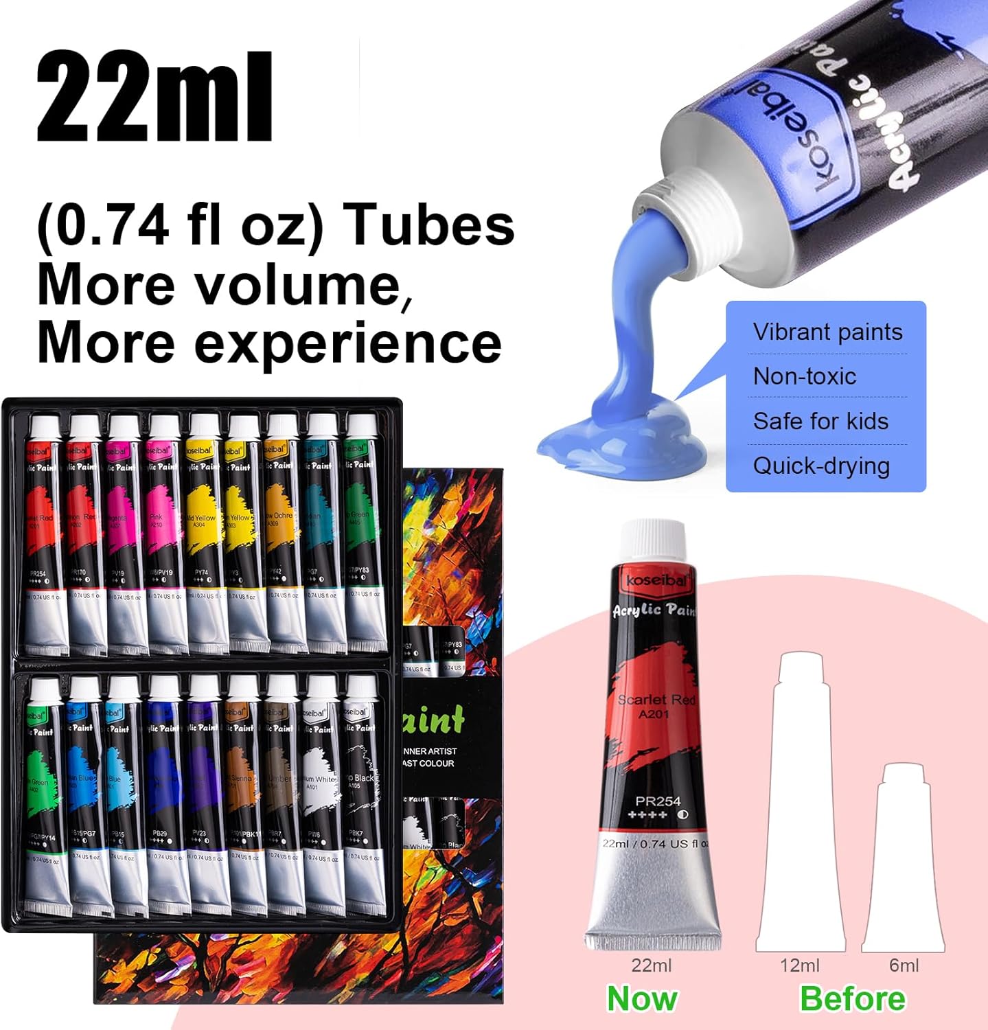 koseibal Acrylic Art Set with 18 Acrylic Paints, 8 Brushes, 4 Stretched Canvas, 1Wooden Easel, Etc, Premium Painting Supplies Kit for Students, Artists Kids, Adults, and Beginner