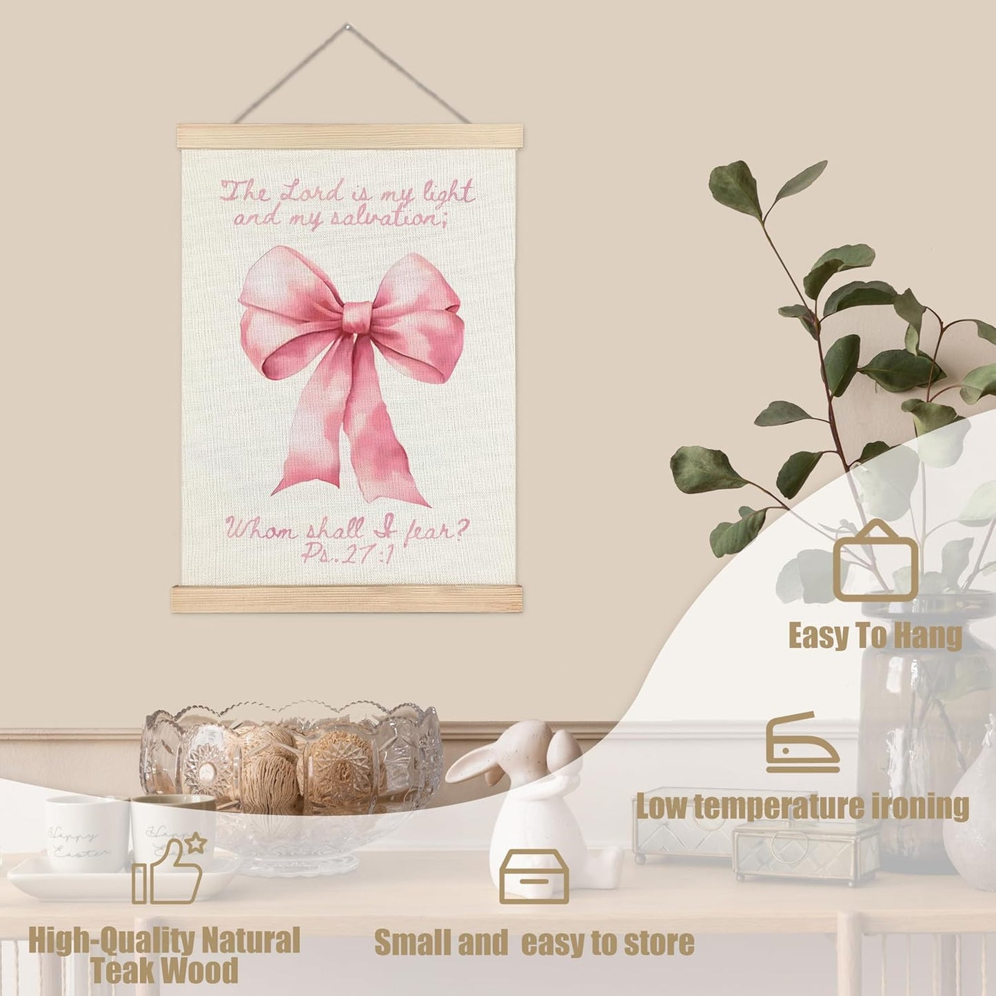 WUCHJ Coquette Pink Bow Christian Wall Art Poster, Girl Nursery Decor, Christian Psalm 27:1 Bible Verse Aesthetic Canvas Prints Artwork for Girls Bedroom Playroom Church Decor, 12x16 Inch
