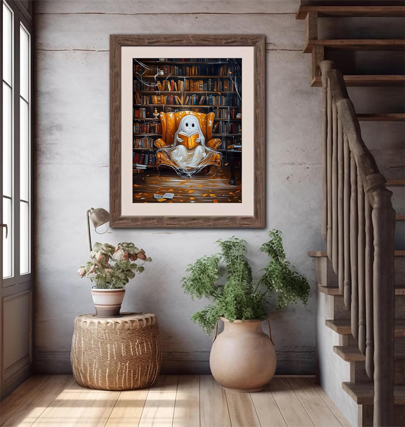 Vintage Halloween Ghost Canvas wall art Funny Cute Ghost Reading Book Painting Pictures wall decor Gothic Dark Whimsical Aesthetic Posters Prints for Bedroom Living Room Scene Home Decoration Unframed